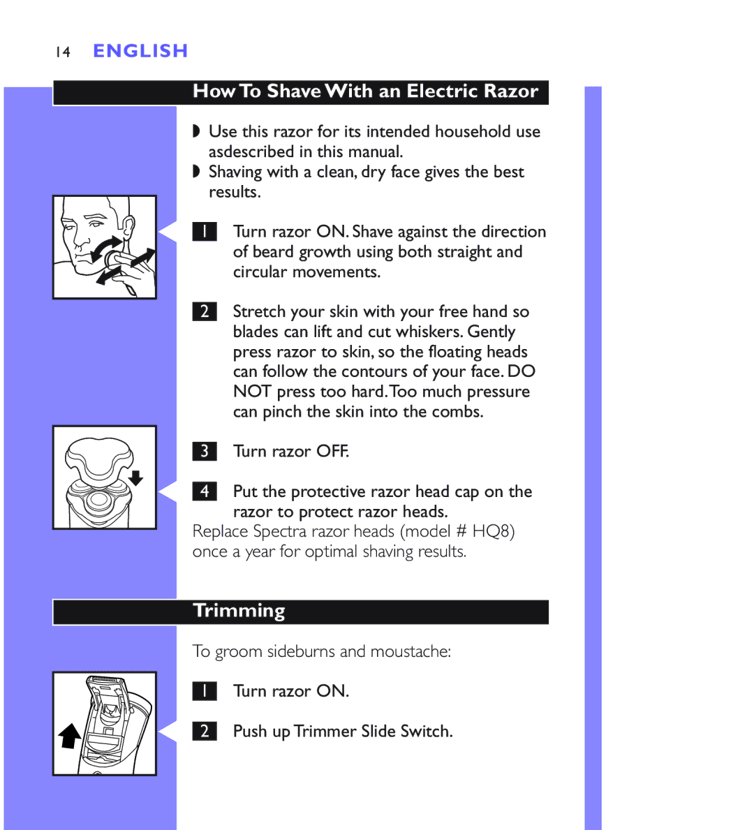 Philips 8880XL, 8883XL, 8881XL manual How To Shave With an Electric Razor, Trimming 