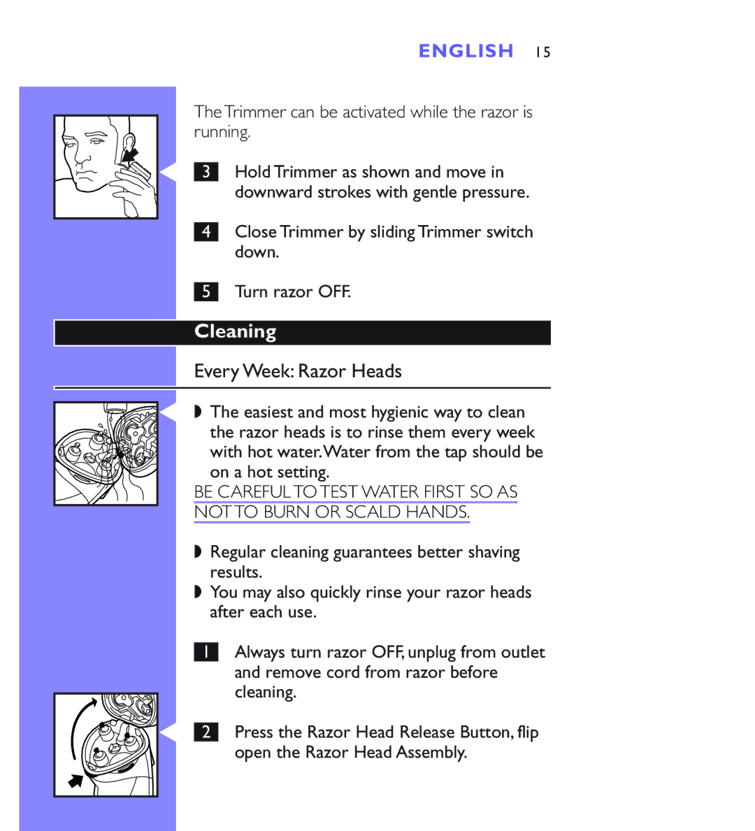 Philips 8883XL, 8881XL, 8880XL manual Cleaning, Every Week Razor Heads, On a hot setting 