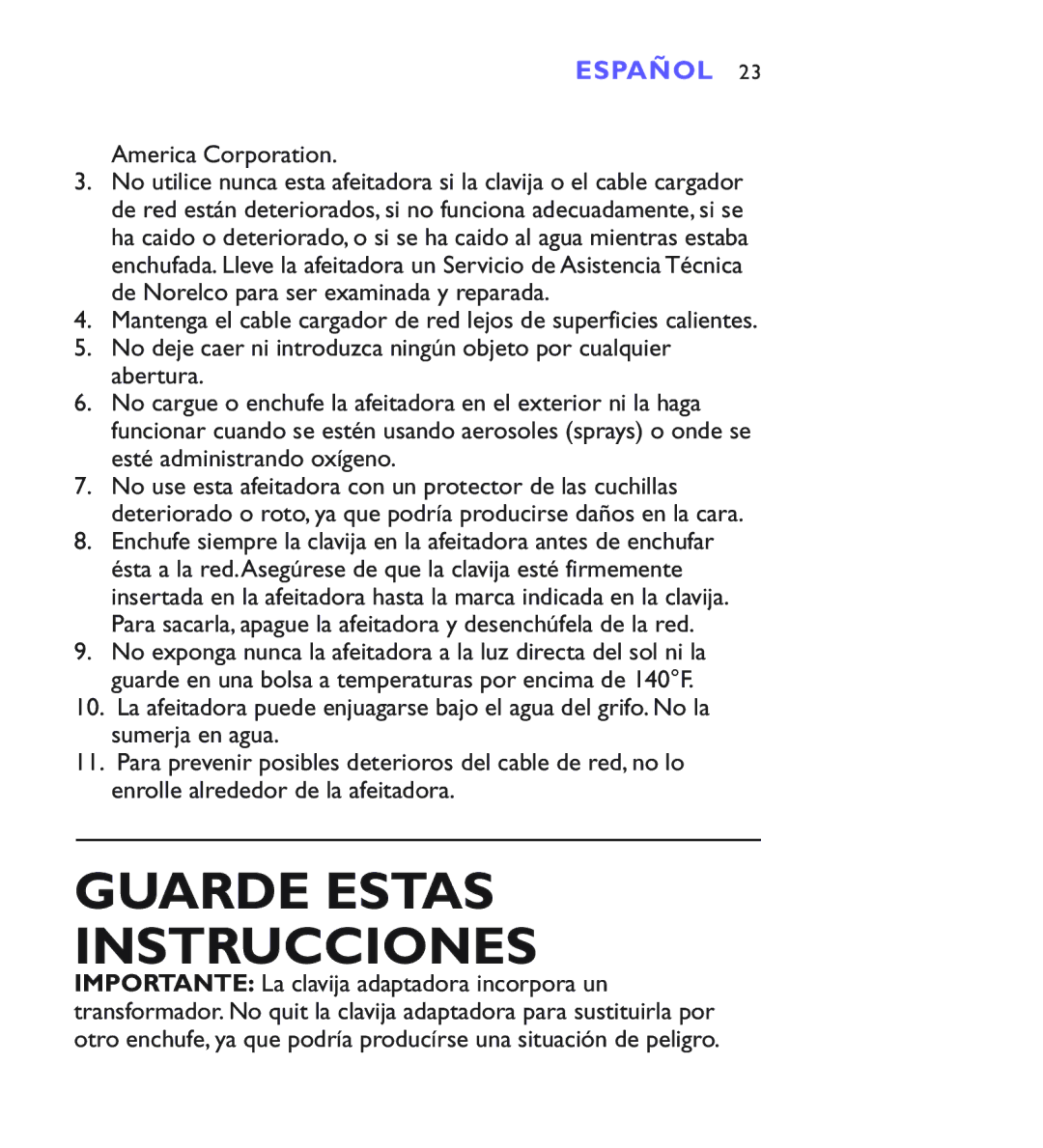 Philips 8880XL, 8883XL, 8881XL manual Guarde Estas Instrucciones, America Corporation 