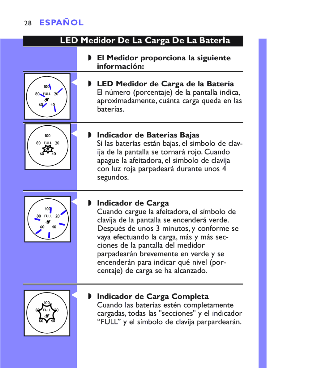 Philips 8881XL, 8883XL, 8880XL manual LED Medidor De La Carga De La BaterÍa, Indicador de Carga 