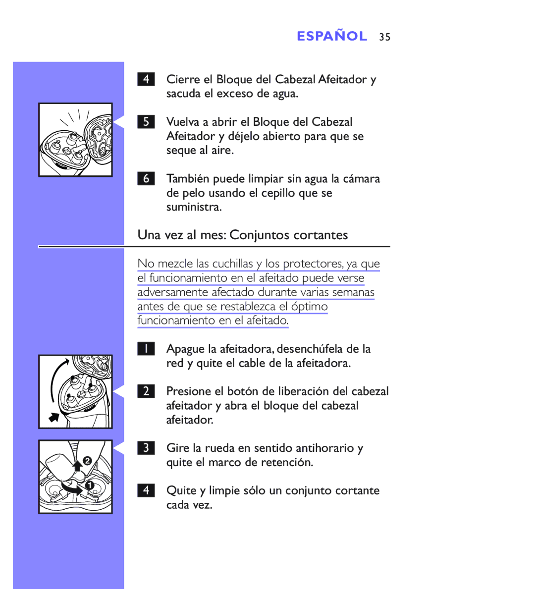 Philips 8880XL, 8883XL, 8881XL manual Una vez al mes Conjuntos cortantes, Funcionamiento en el afeitado 