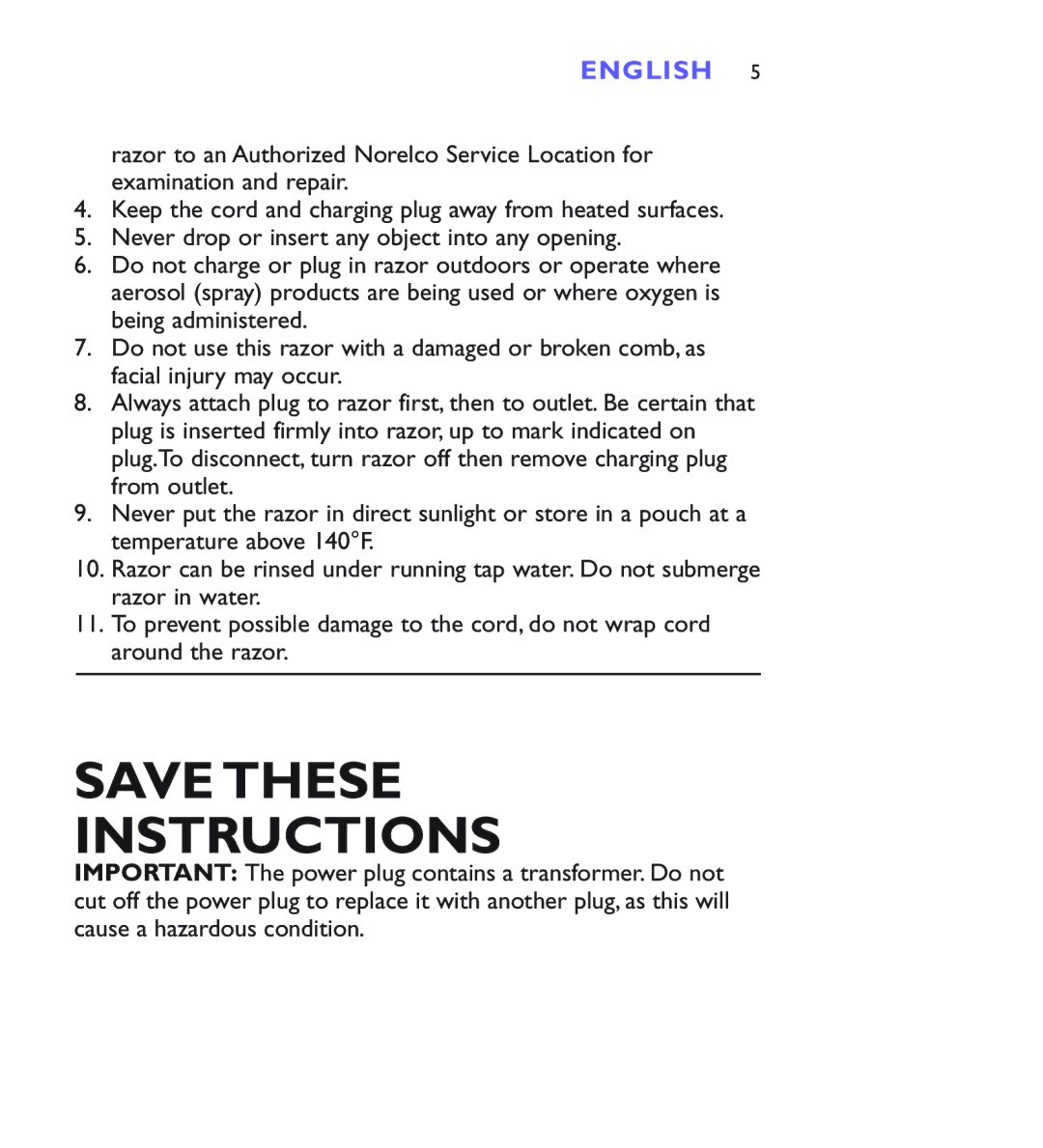 Philips 8880XL, 8883XL, 8881XL manual Save These Instructions 