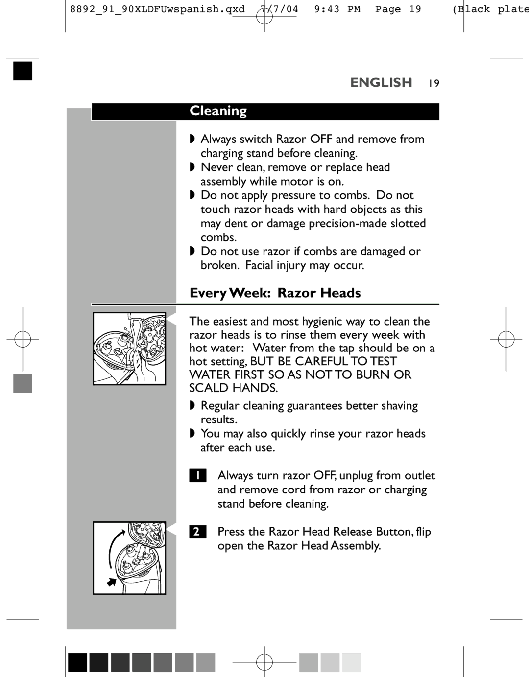Philips 8890XL, 8892XL, 8891XL manual Cleaning, Every Week Razor Heads 