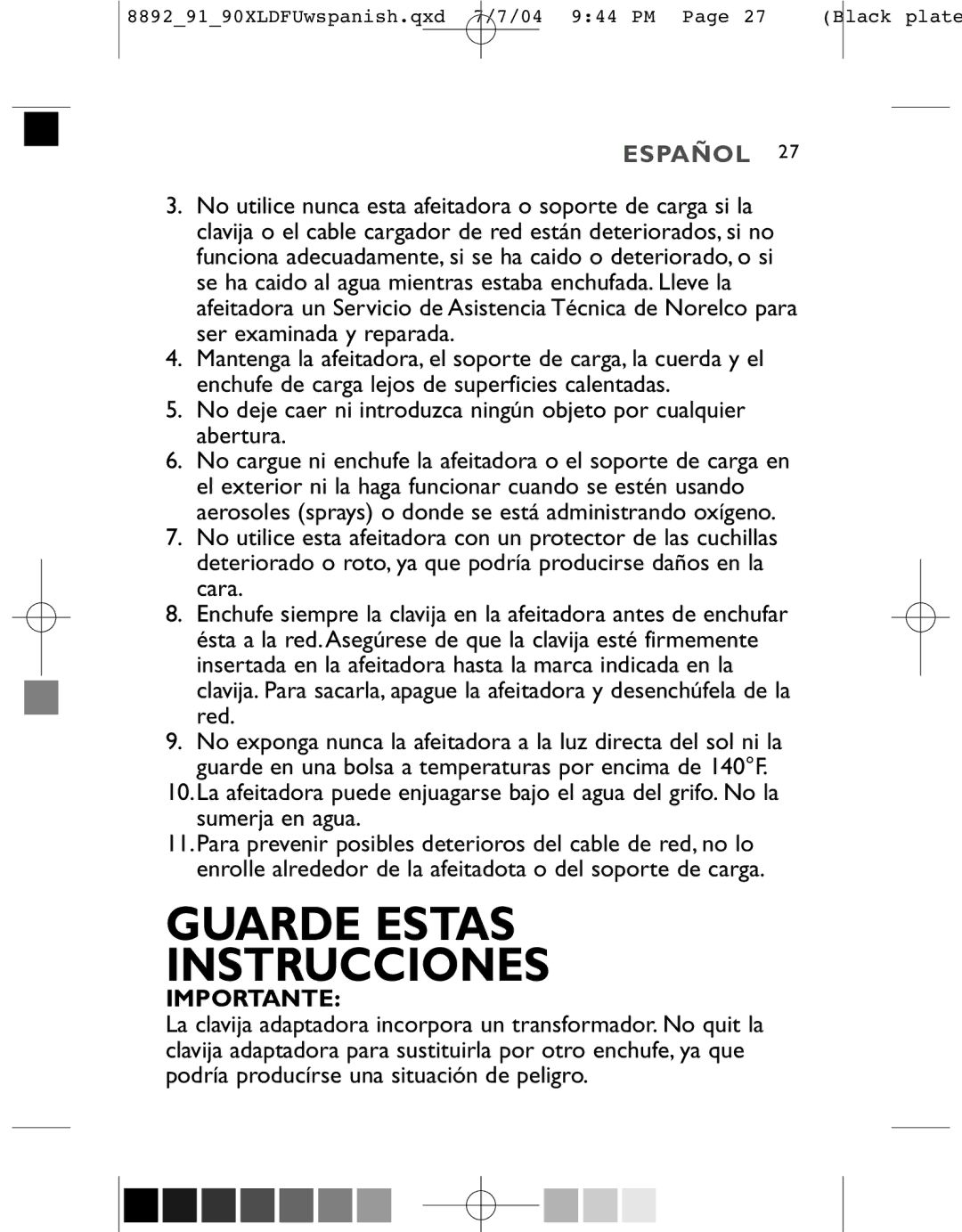 Philips 8892XL, 8890XL, 8891XL manual Guarde Estas Instrucciones 