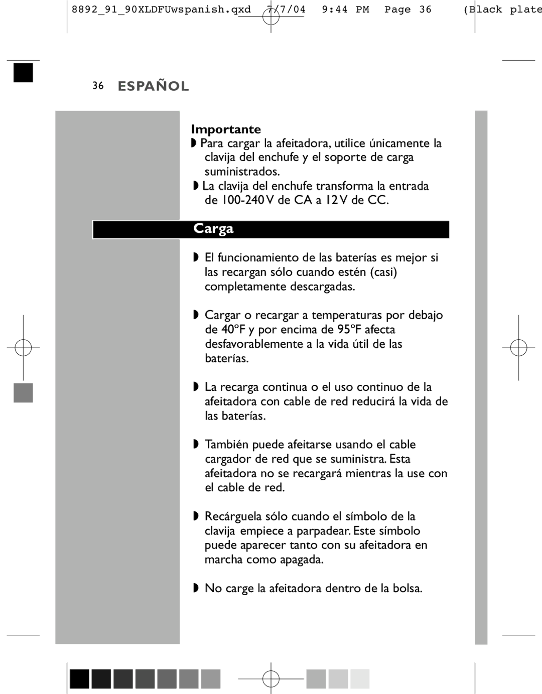 Philips 8892XL, 8890XL, 8891XL manual Carga, Importante 