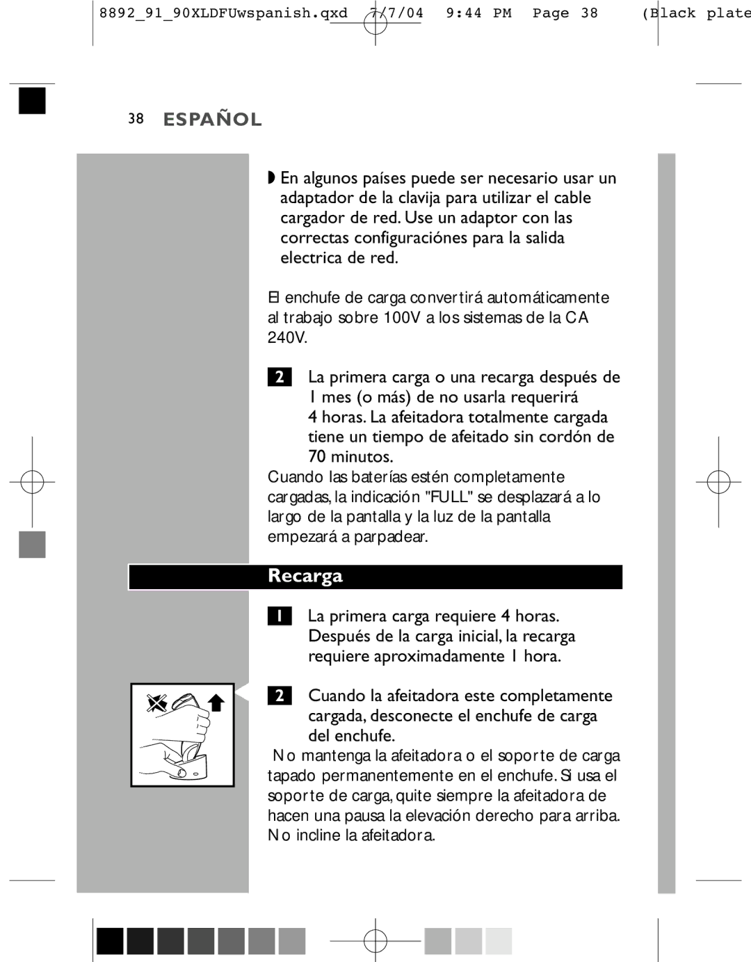 Philips 8891XL, 8892XL, 8890XL manual Recarga, Minutos 