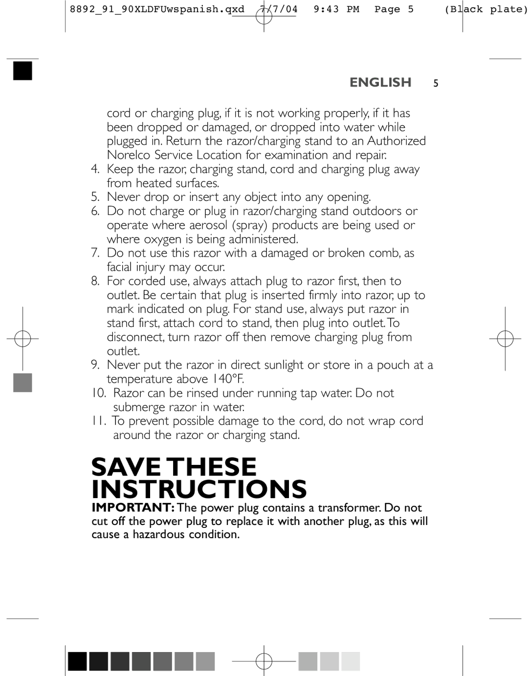 Philips 8891XL, 8892XL, 8890XL manual Save These Instructions 