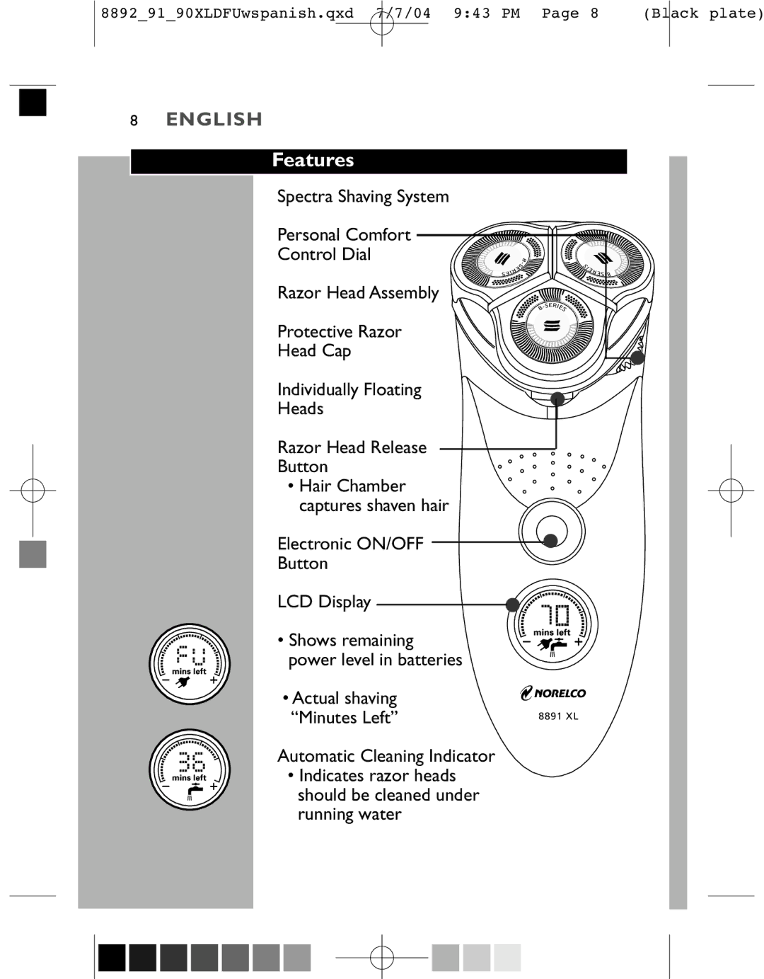 Philips 8891XL, 8892XL, 8890XL manual Features, Electronic ON/OFF Button LCD Display, Actual shaving Minutes Left 