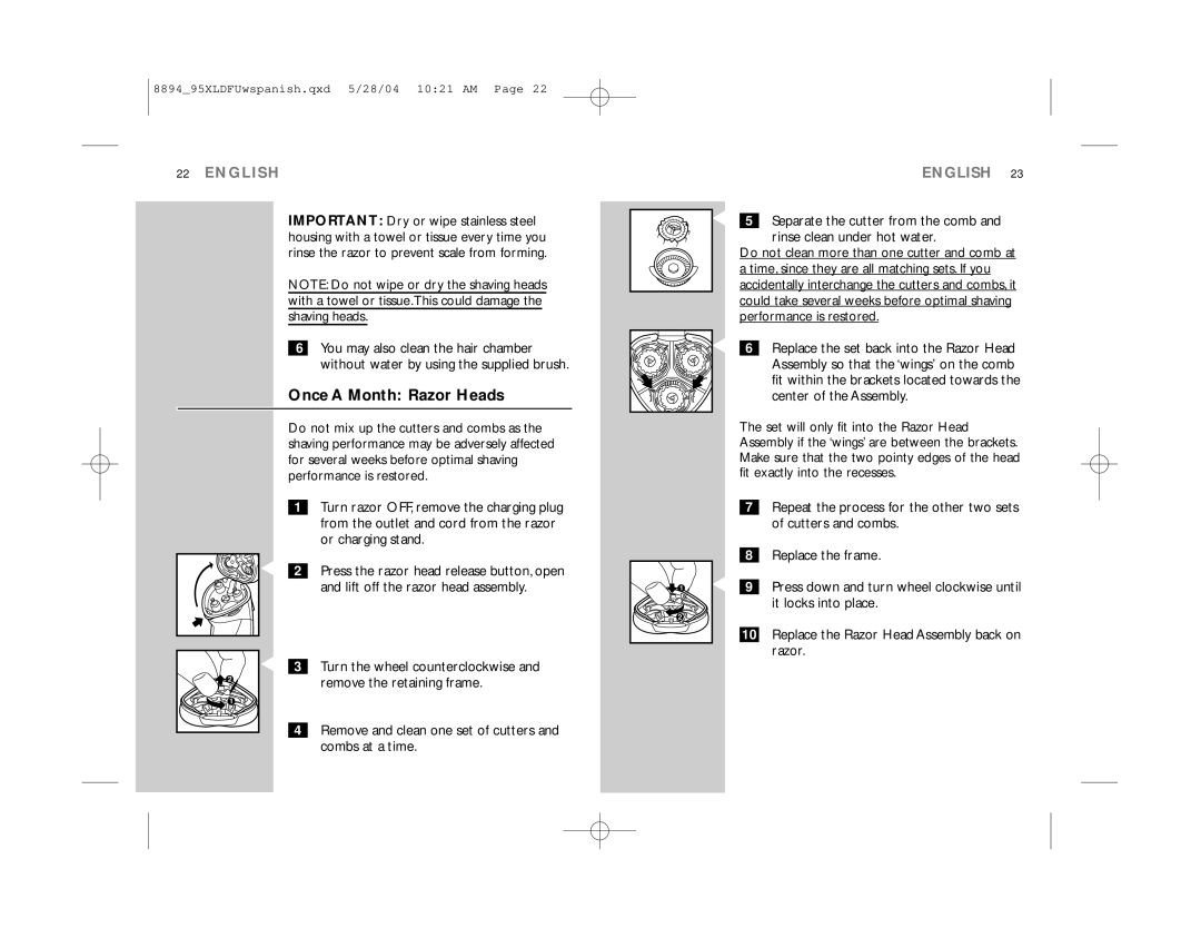 Philips 8895XL, 8894XL manual Once a Month Razor Heads 