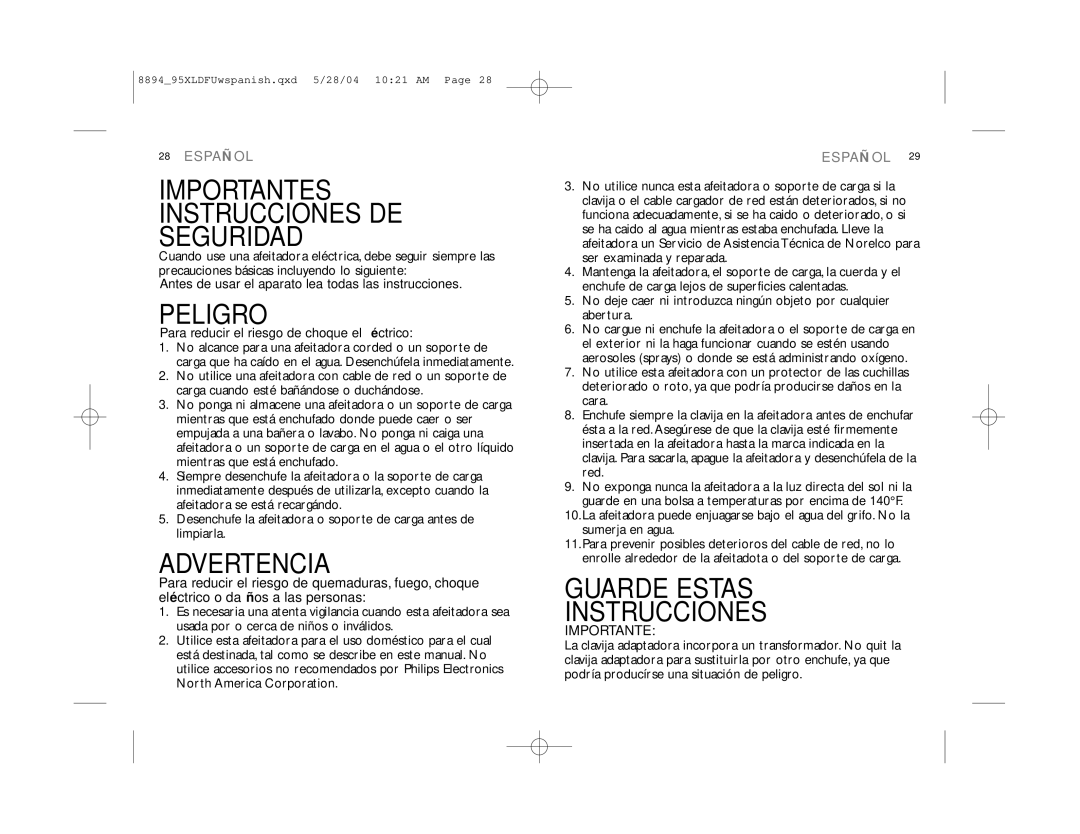 Philips 8894XL, 8895XL manual Importantes Instrucciones DE Seguridad 