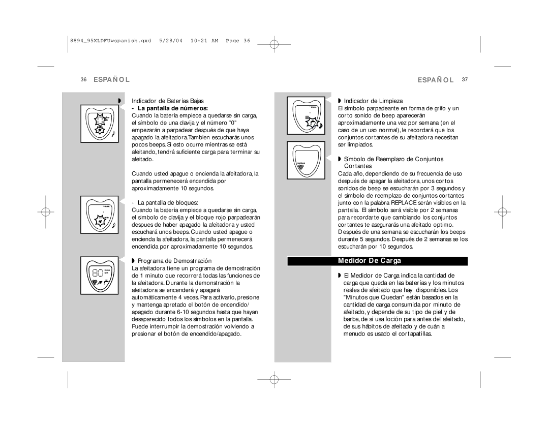 Philips 8894XL, 8895XL manual Medidor De Carga, Indicador de Baterías Bajas, Programa de Demostración 