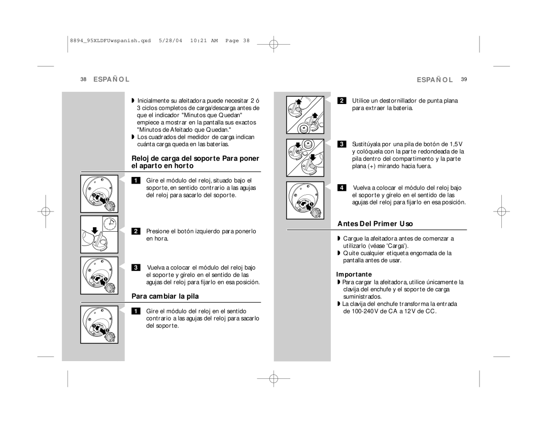 Philips 8895XL manual Reloj de carga del soporte Para poner el aparto en horto, Antes Del Primer Uso, Para cambiar la pila 