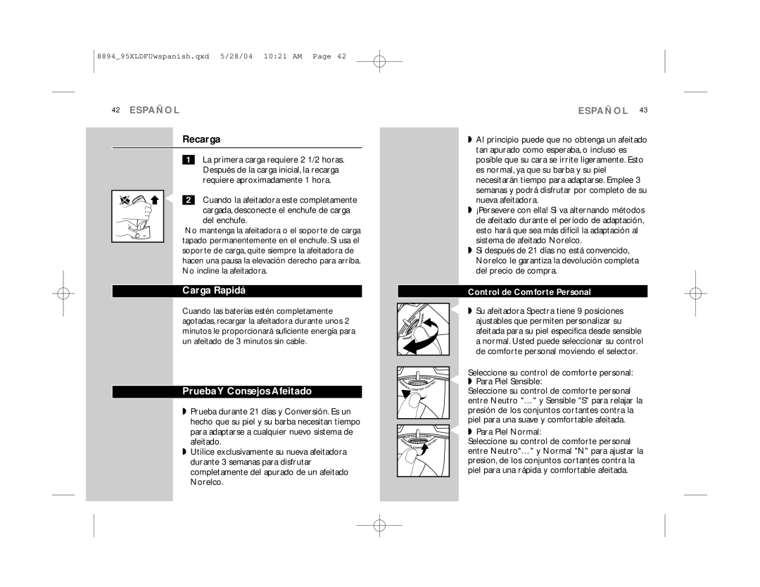 Philips 8895XL, 8894XL manual Recarga, Carga Rapidá, Prueba Y Consejos Afeitado 