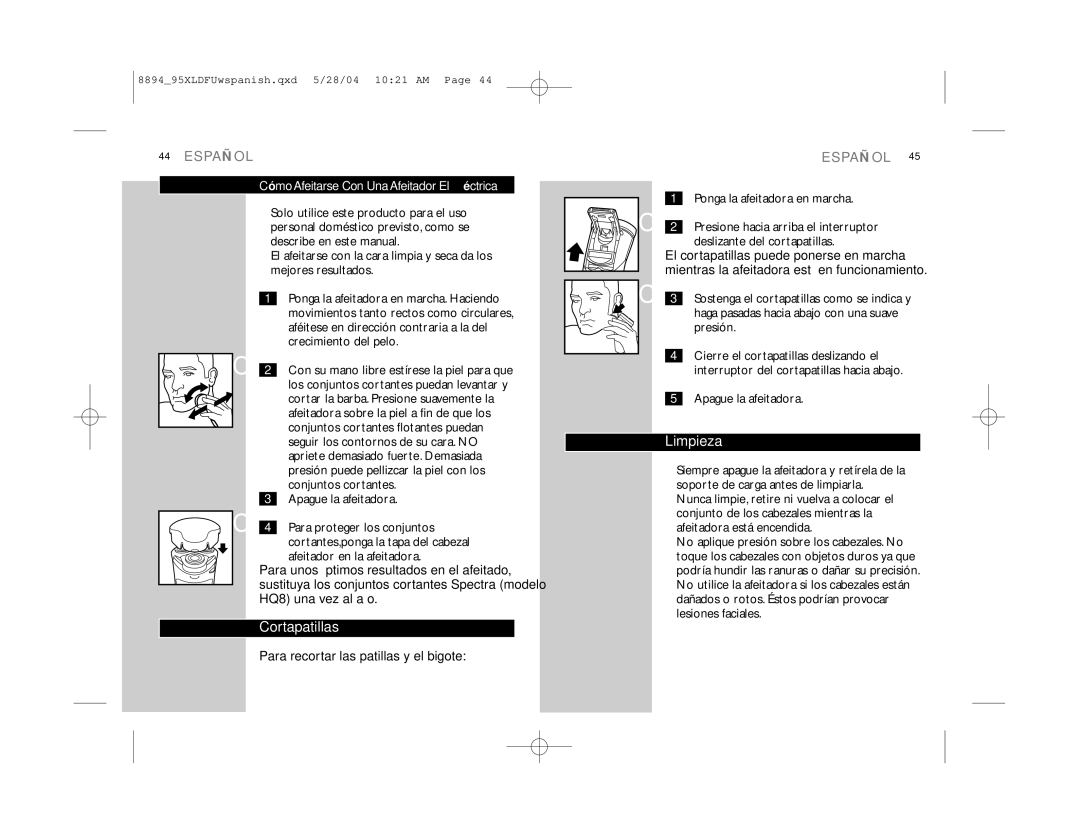 Philips 8894XL, 8895XL manual Cortapatillas, Limpieza, Para recortar las patillas y el bigote, Presión 