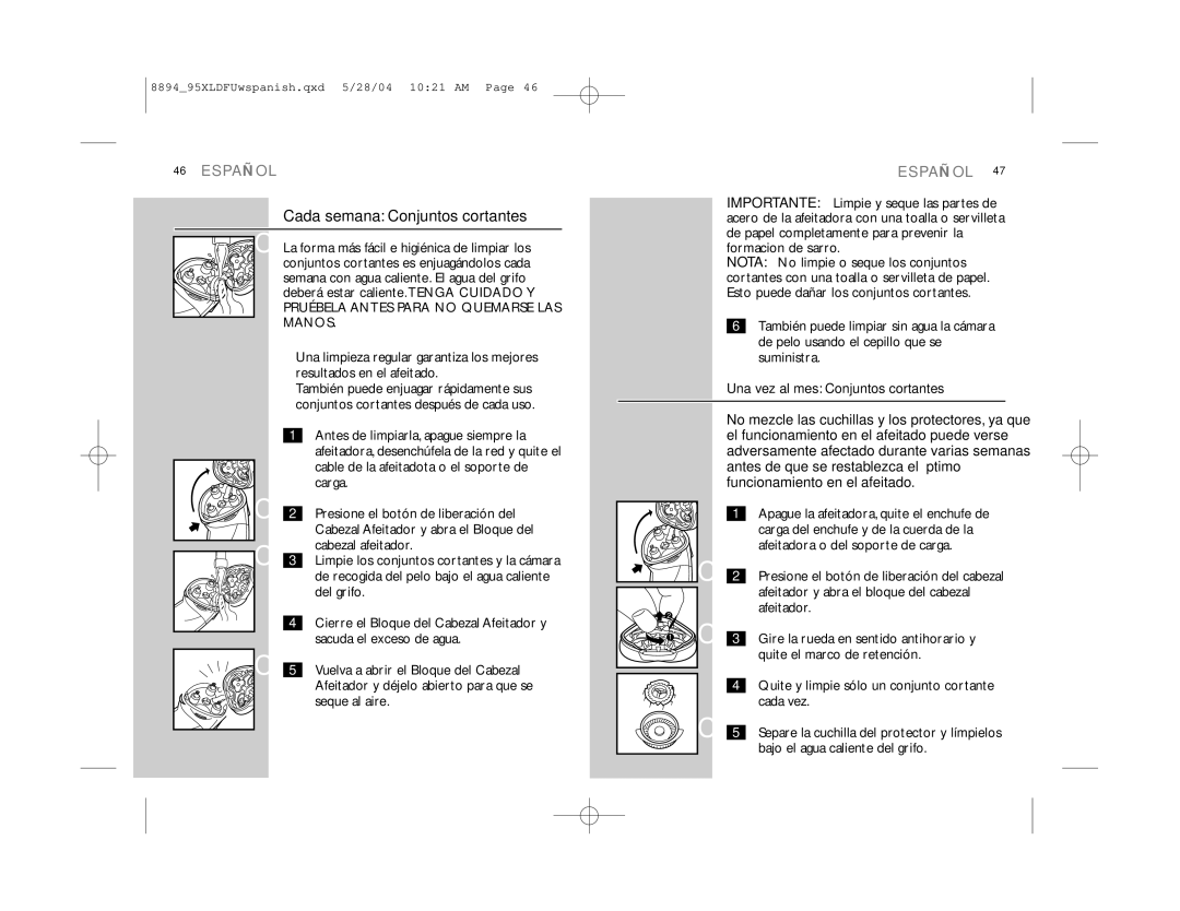 Philips 8895XL, 8894XL manual Cada semana Conjuntos cortantes 