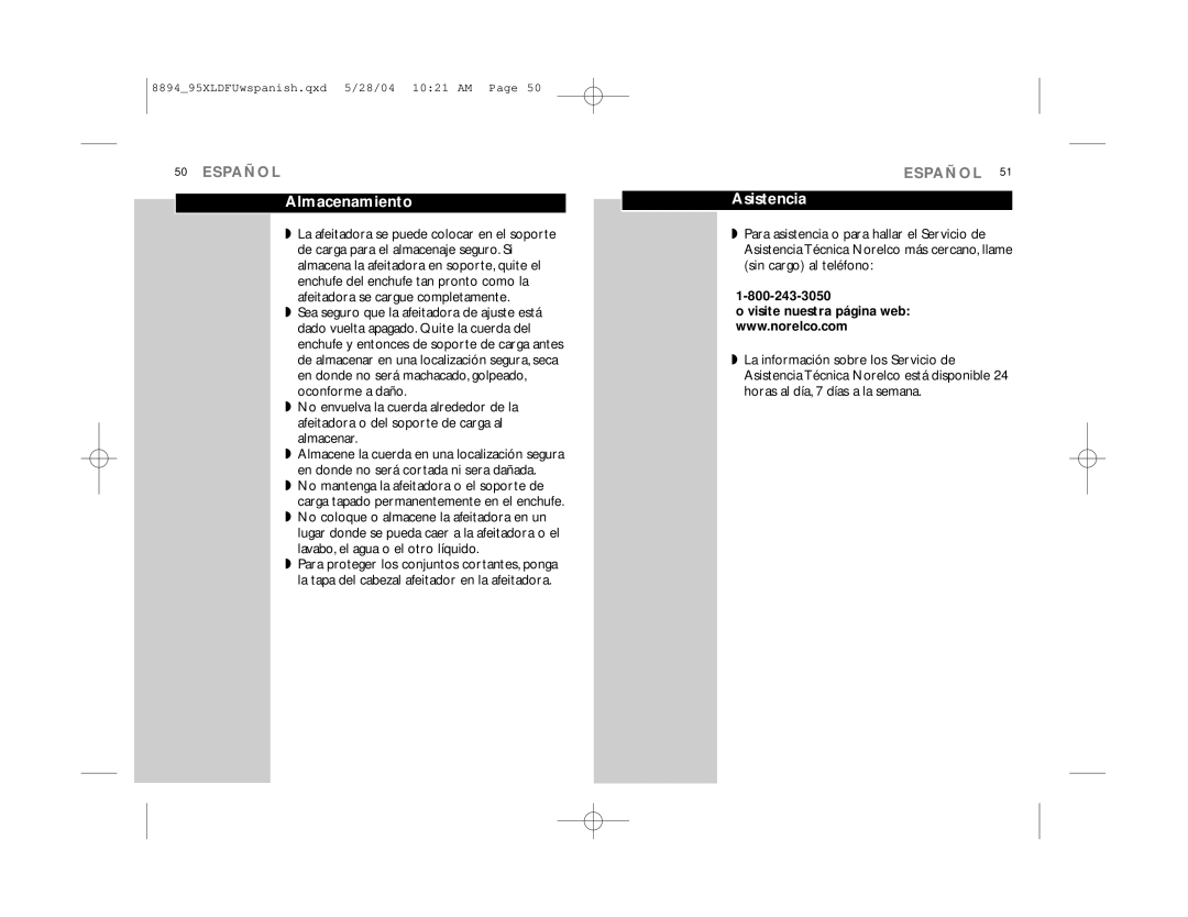 Philips 8895XL, 8894XL manual Almacenamiento, Asistencia 