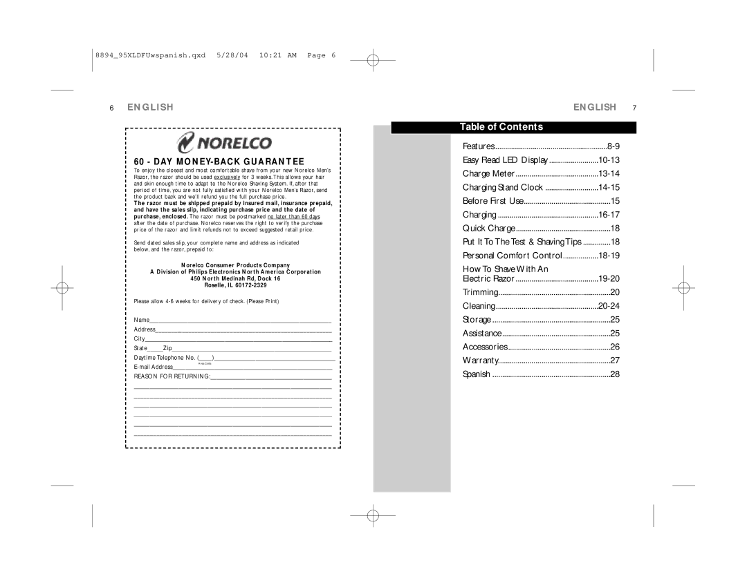 Philips 8895XL, 8894XL manual Table of Contents 