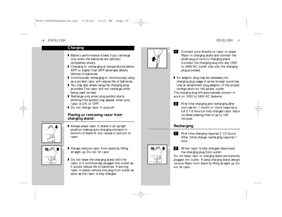 Philips 8894XL Charging, Placing or removing razor from charging stand, Recharging, Configuration for the power outlet 