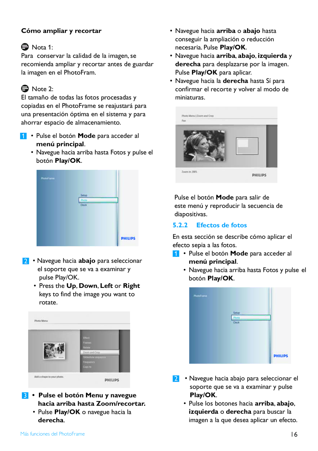 Philips 8FF2FP manual Cómo ampliar y recortar, Efectos de fotos 