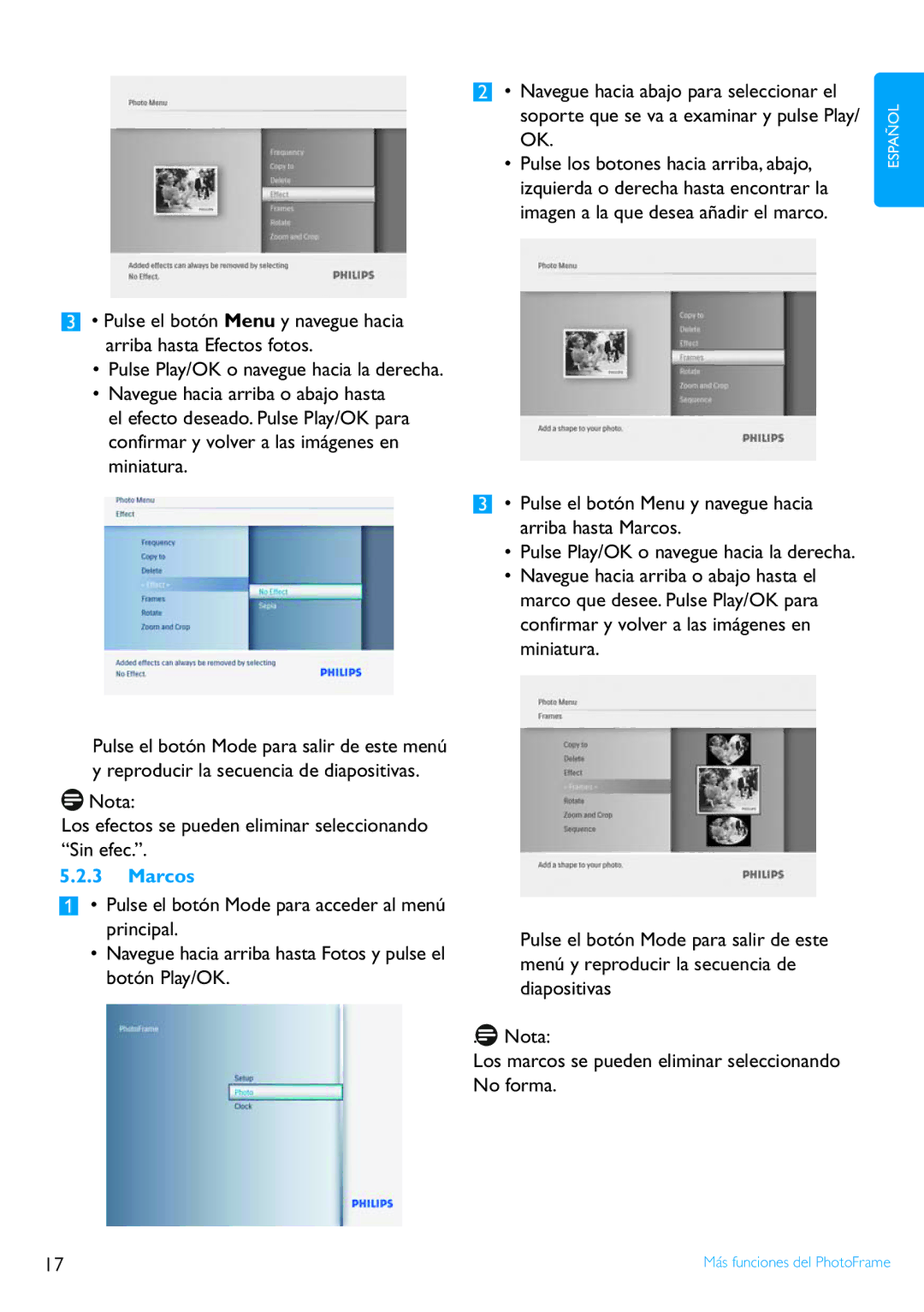 Philips 8FF2FP manual Nota Los efectos se pueden eliminar seleccionando Sin efec, Marcos 