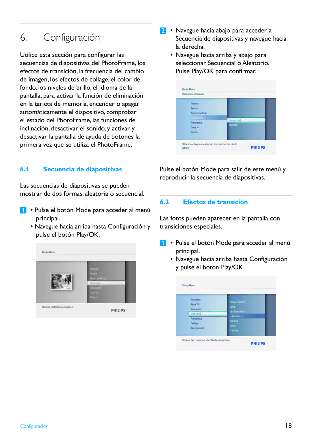 Philips 8FF2FP manual Configuración, Secuencia de diapositivas, Efectos de transición 