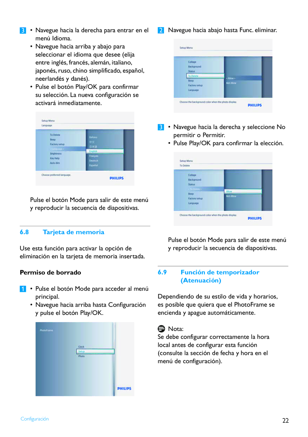 Philips 8FF2FP manual Navegue hacia la derecha para entrar en el menú Idioma, Tarjeta de memoria, Permiso de borrado 