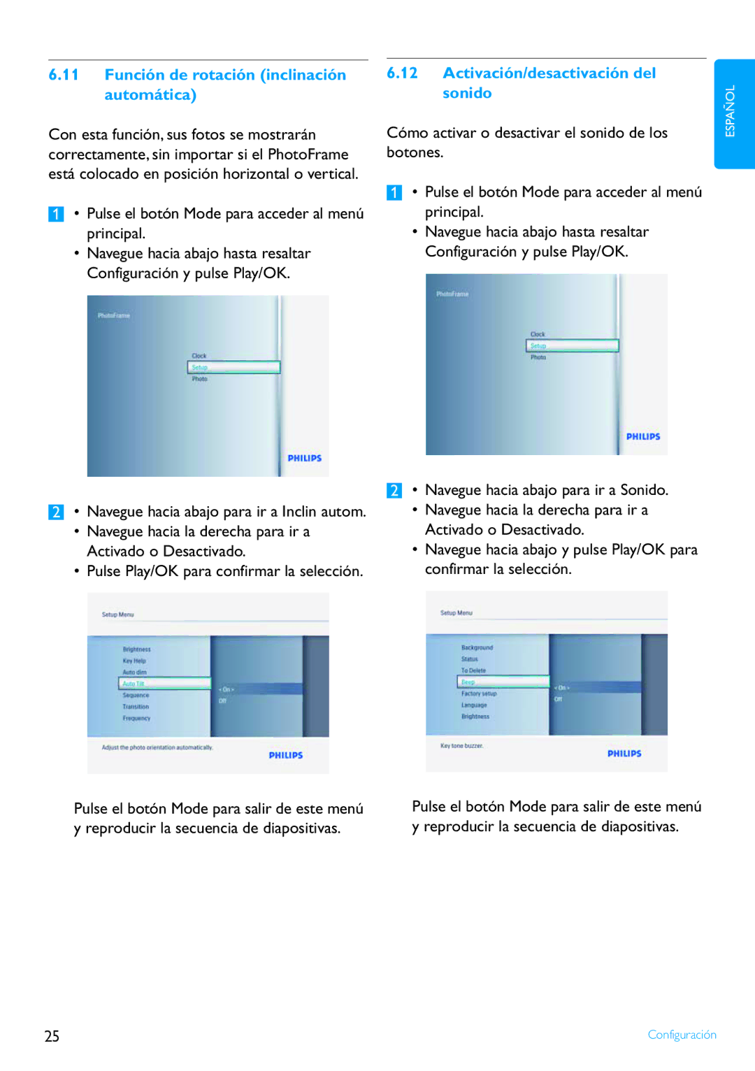 Philips 8FF2FP manual Navegue hacia la derecha para ir a Activado o Desactivado 