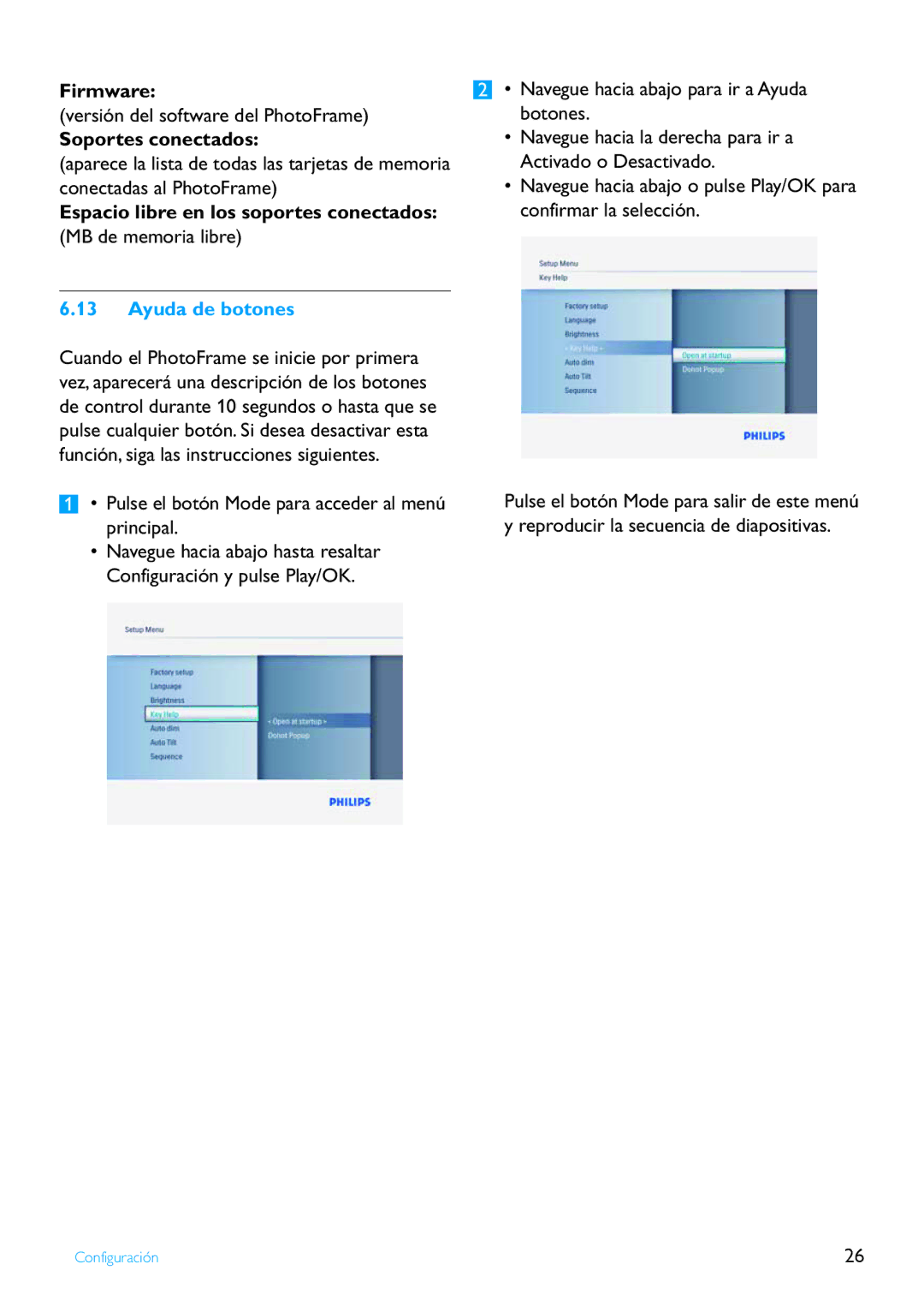 Philips 8FF2FP manual Firmware, Soportes conectados, Espacio libre en los soportes conectados, Ayuda de botones 