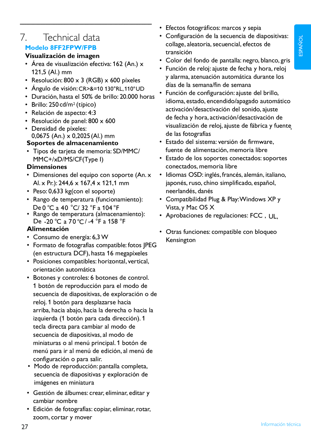 Philips manual Technical data, Modelo 8FF2FPW/FPB 