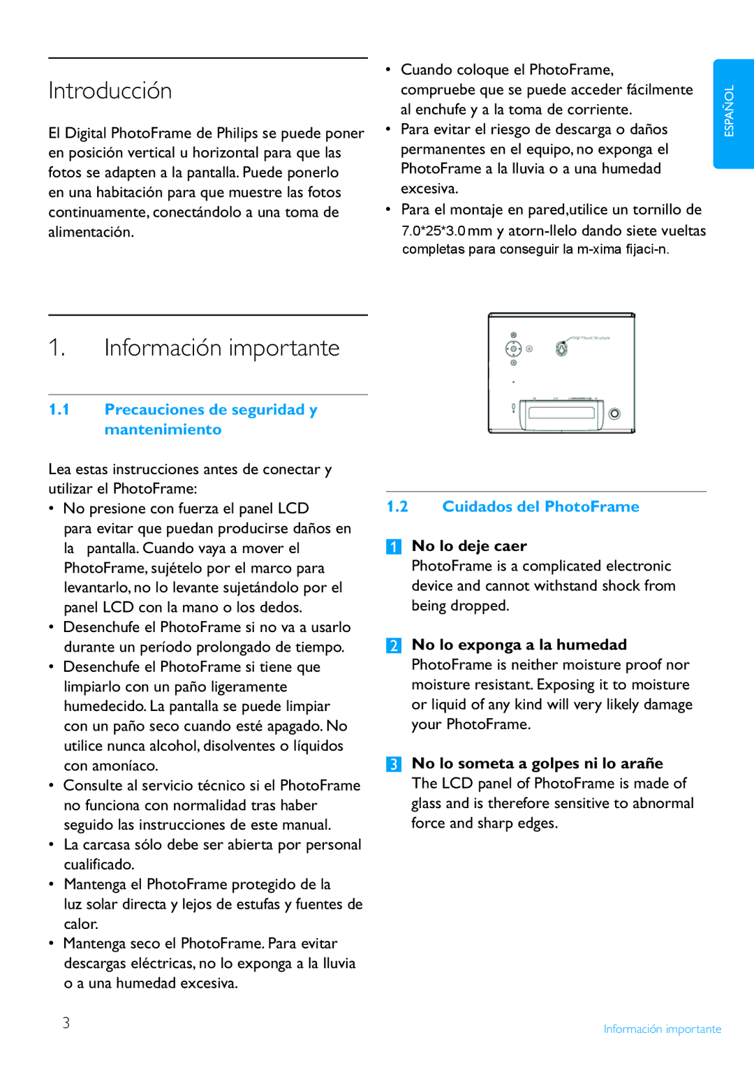 Philips 8FF2FP Introducción, Información importante, Precauciones de seguridad y mantenimiento, Cuidados del PhotoFrame 