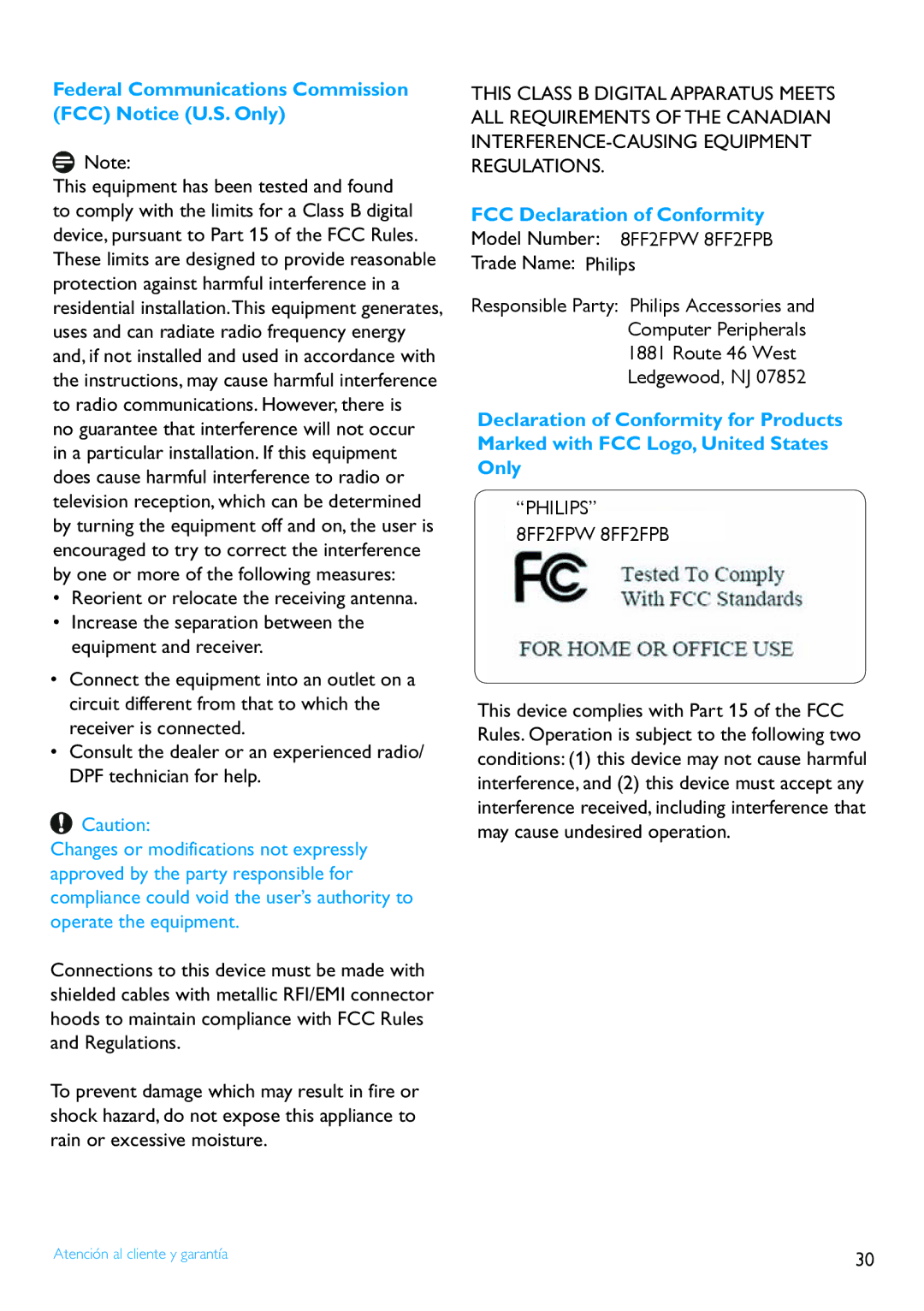 Philips 8FF2FP Federal Communications Commission FCC Notice U.S. Only, FCC Declaration of Conformity, Trade Name Philips 