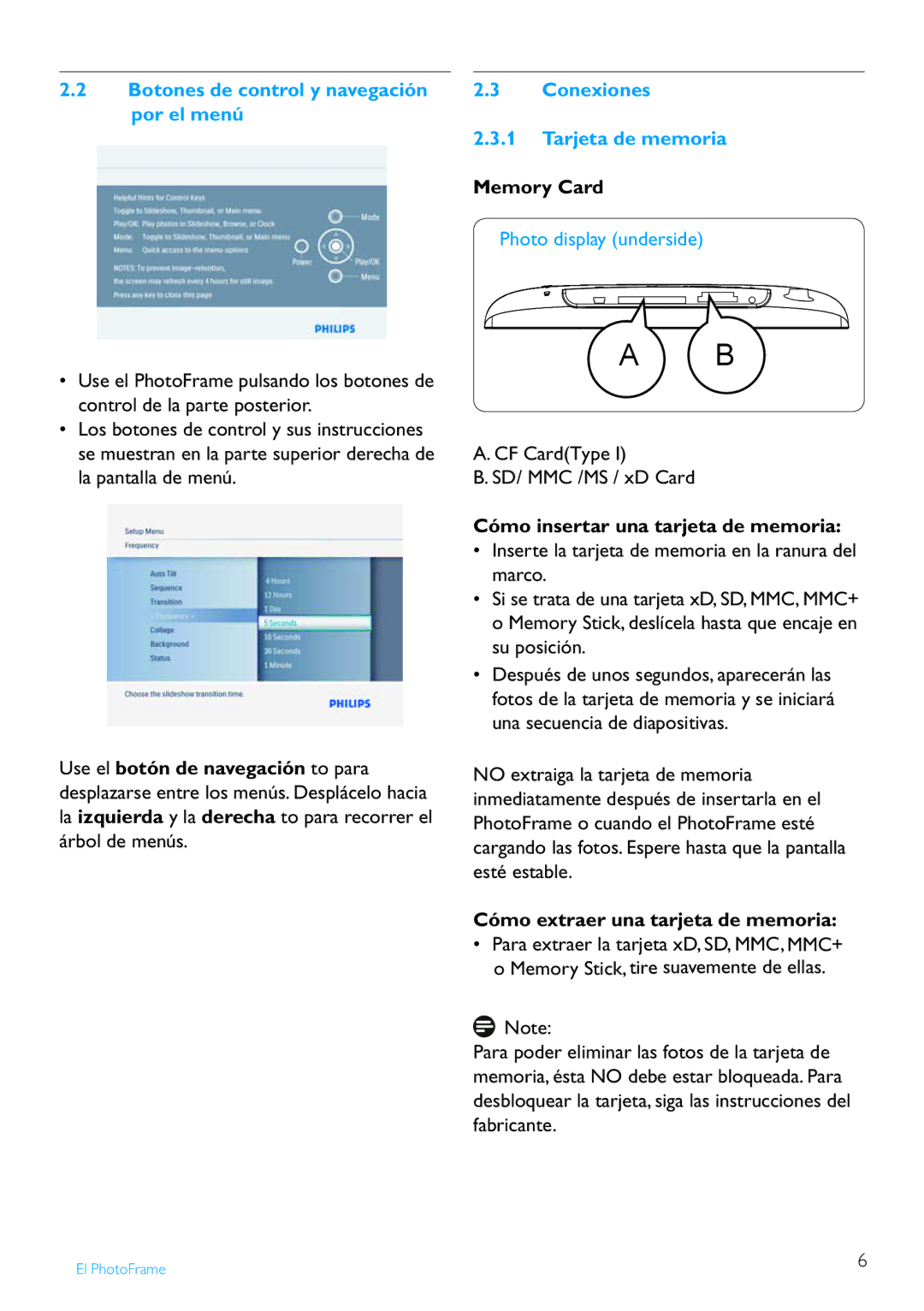 Philips 8FF2FP manual Botones de control y navegación por el menú, Conexiones Tarjeta de memoria Memory Card 