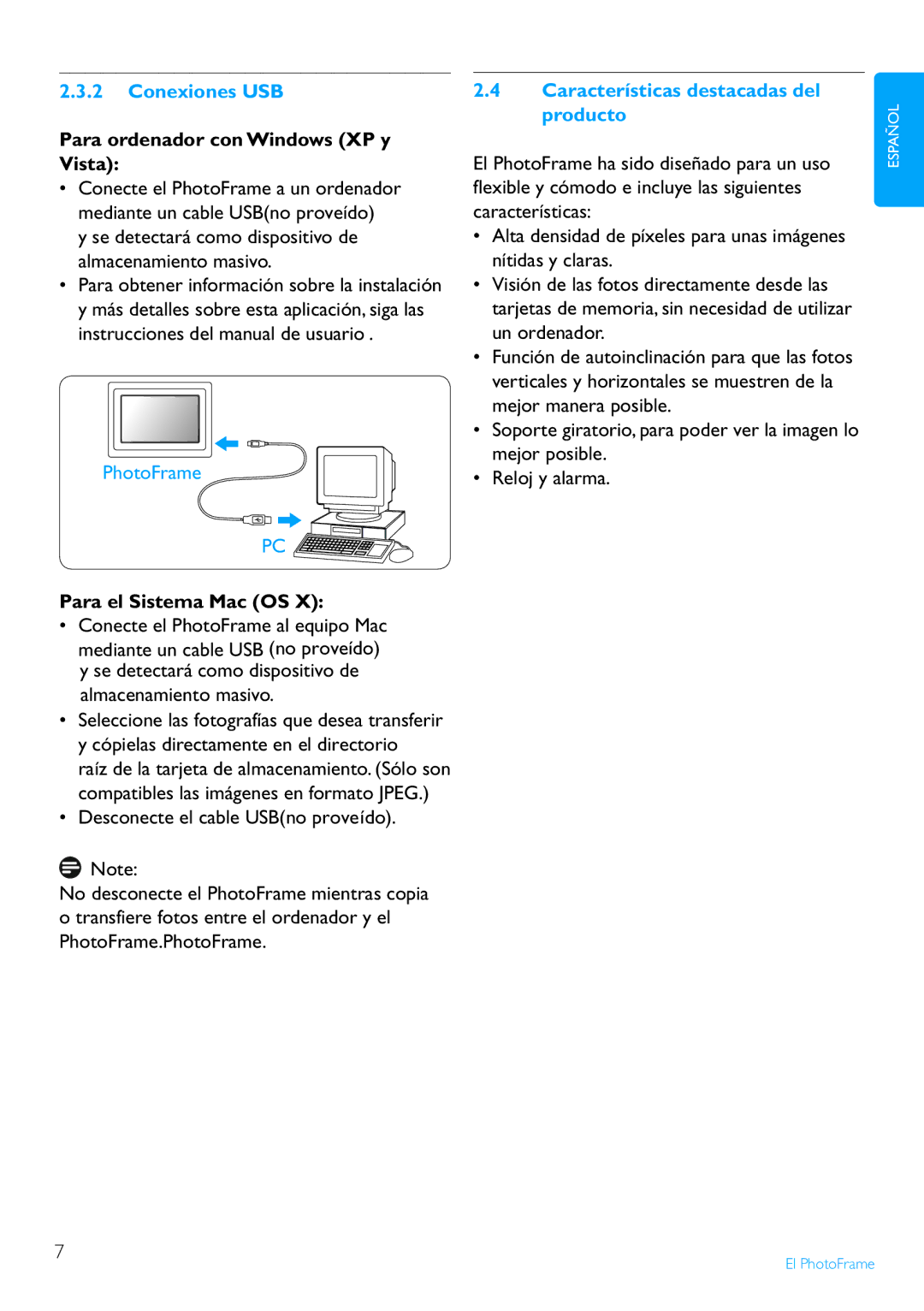 Philips 8FF2FP manual Conexiones USB, Para ordenador con Windows XP y Vista, Para el Sistema Mac OS 