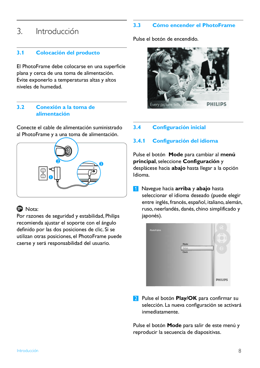 Philips 8FF2FP manual Colocación del producto, Conexión a la toma de alimentación, Cómo encender el PhotoFrame 