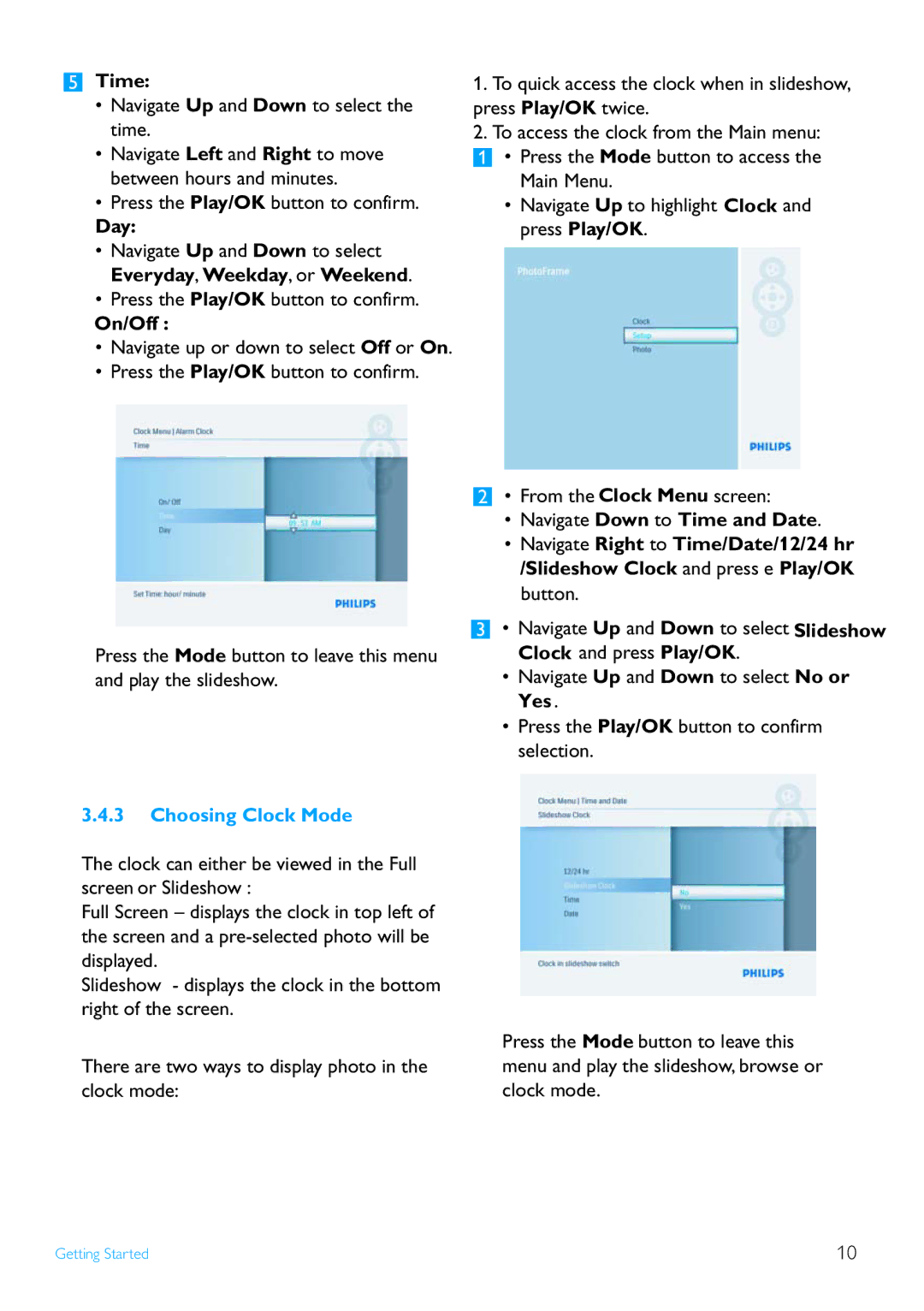 Philips 8FF2FPB user manual Time, Day, On/Off, Choosing Clock Mode 