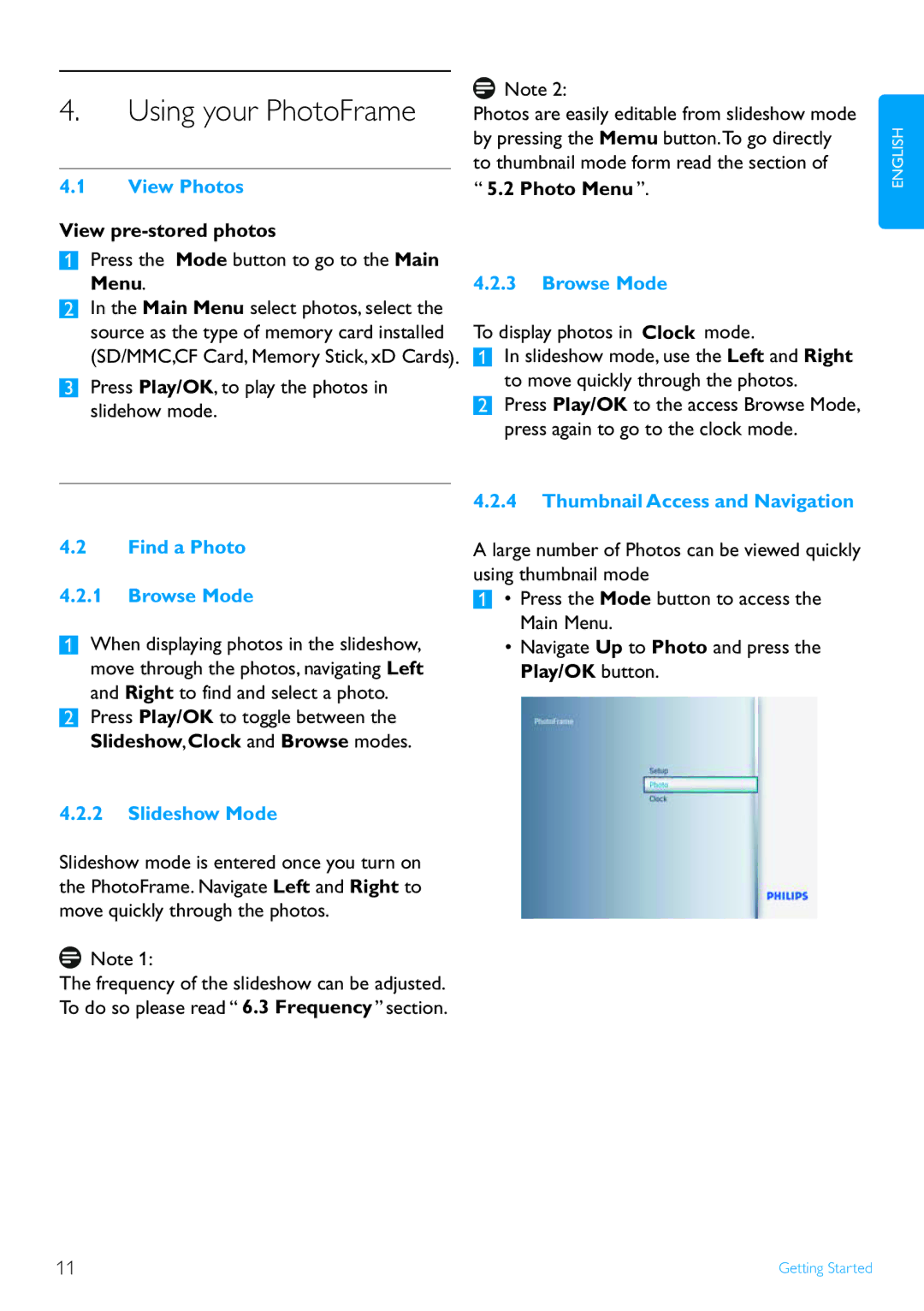 Philips 8FF2FPB user manual Using your PhotoFrame, View Photos, Find a Photo Browse Mode, Slideshow Mode 