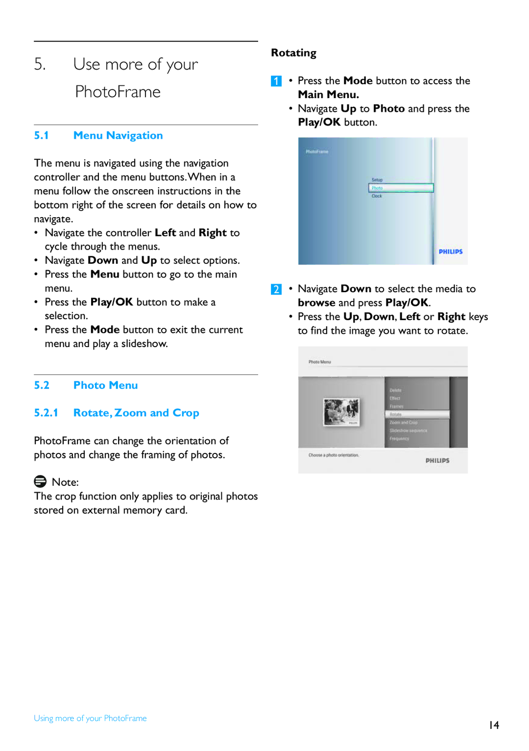 Philips 8FF2FPB user manual Menu Navigation, Photo Menu Rotate, Zoom and Crop, Rotating, Main Menu 