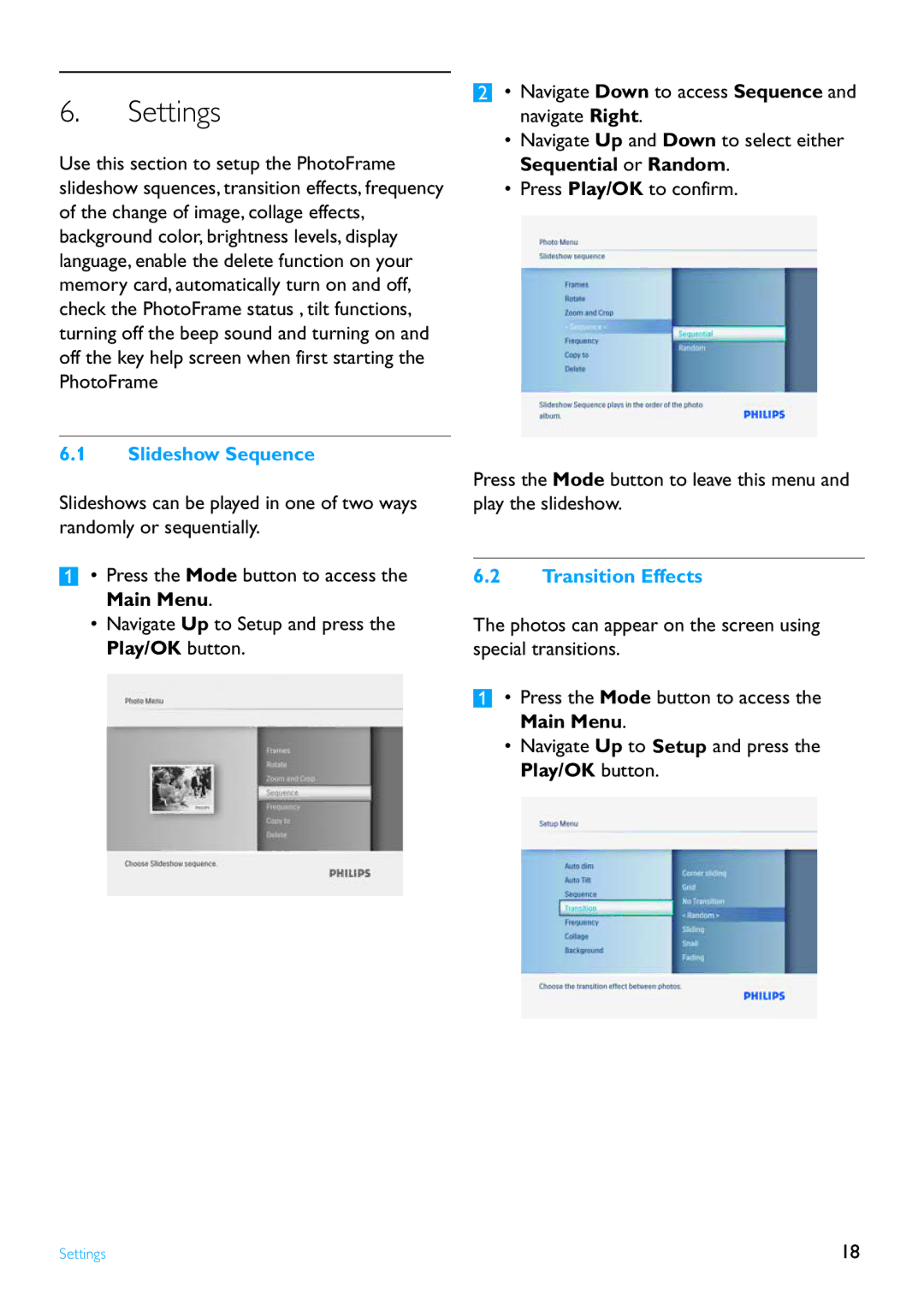 Philips 8FF2FPB user manual Settings, Slideshow Sequence, Transition Effects 