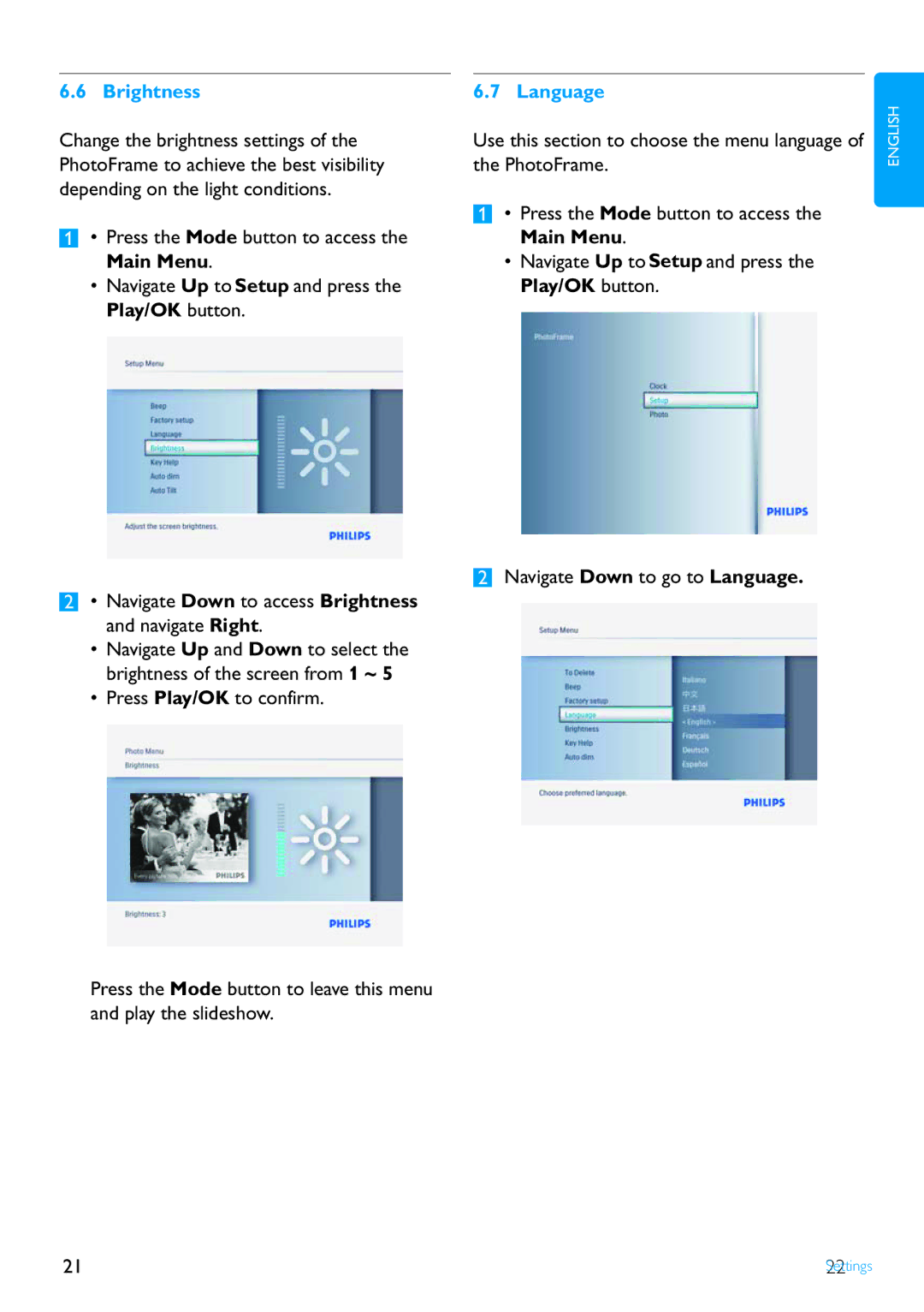 Philips 8FF2FPB user manual Brightness, Language 