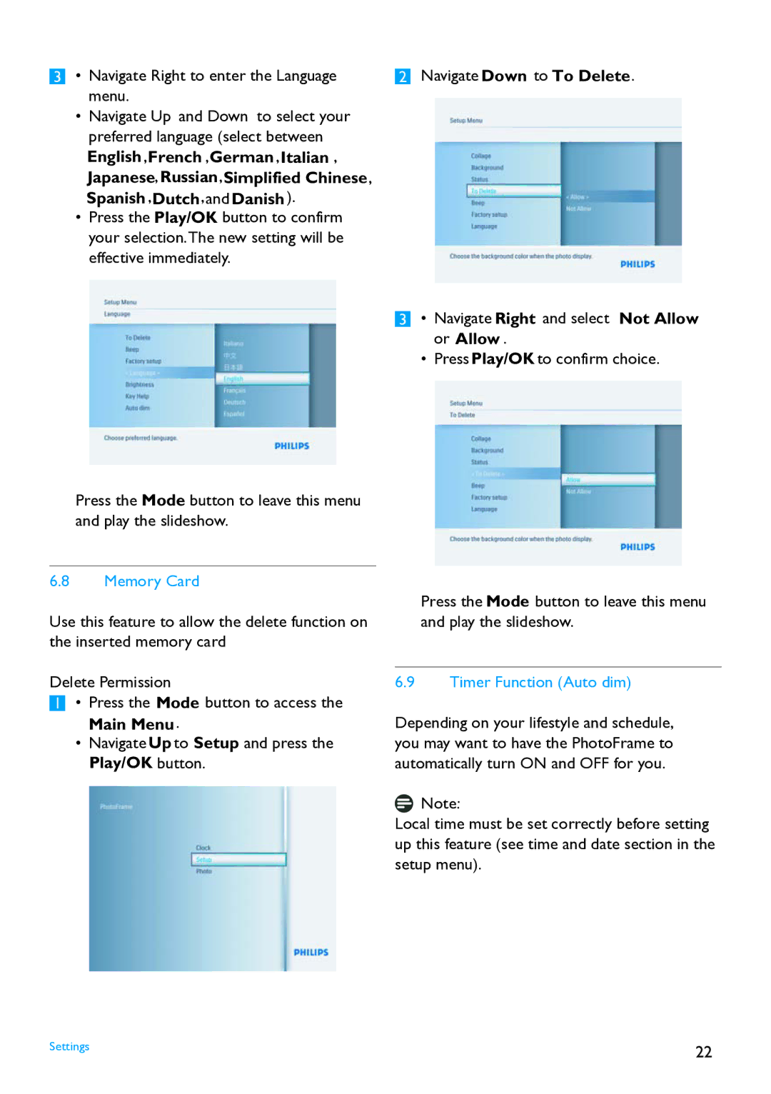 Philips 8FF2FPB user manual Memory Card, Play/OK button Navigate Down to To Delete, Timer Function Auto dim 