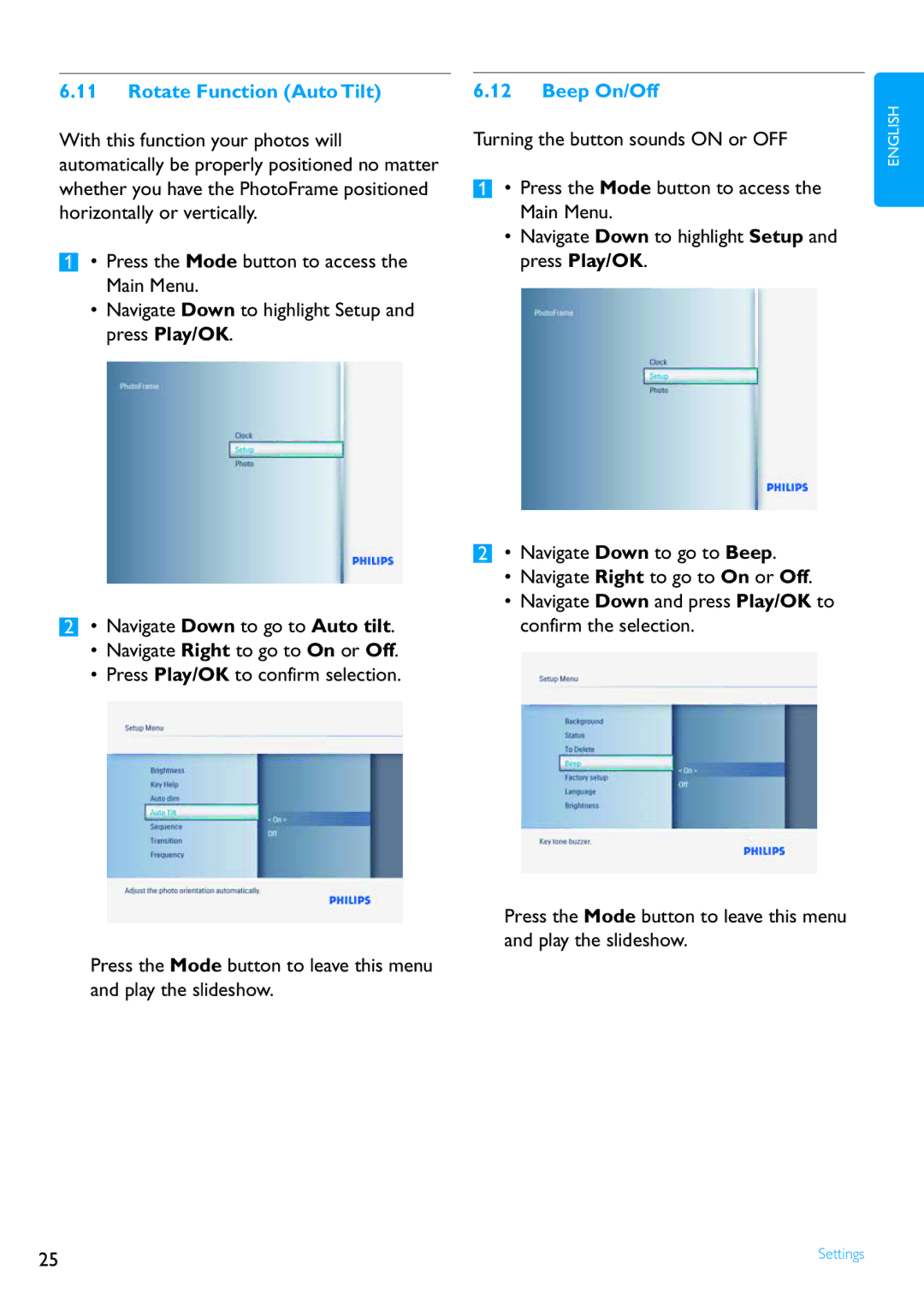 Philips 8FF2FPB user manual Rotate Function Auto Tilt, Beep On/Off 