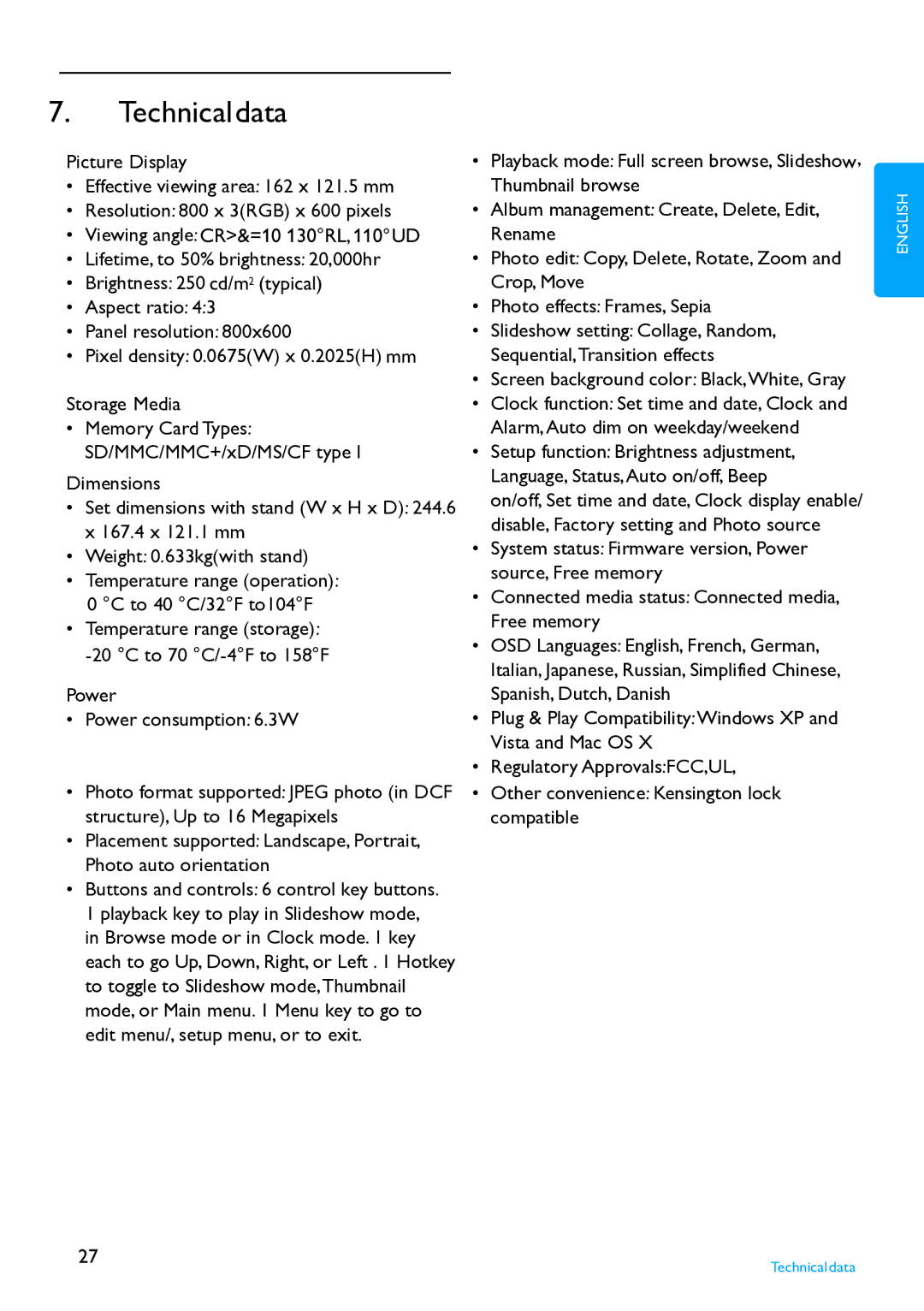 Philips 8FF2FPB user manual Technicaldata 