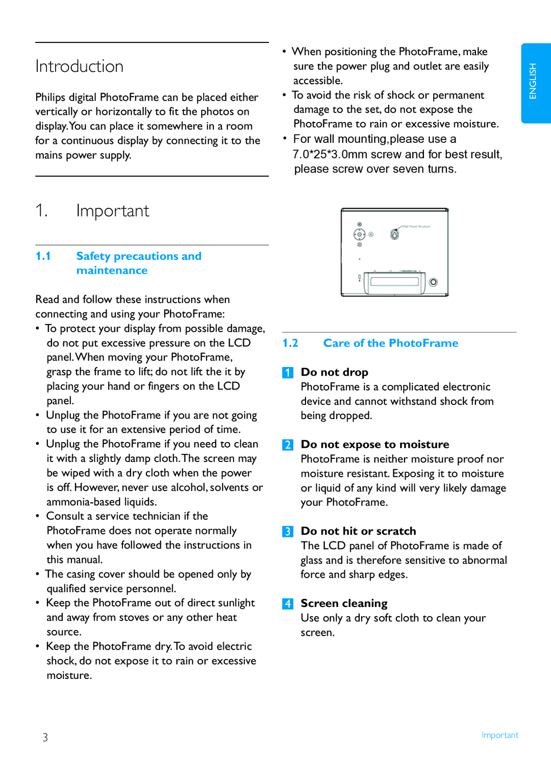 Philips 8FF2FPB Introduction, Safety precautions Maintenance對, Care of the PhotoFrame, Do not drop, Screen cleaning 