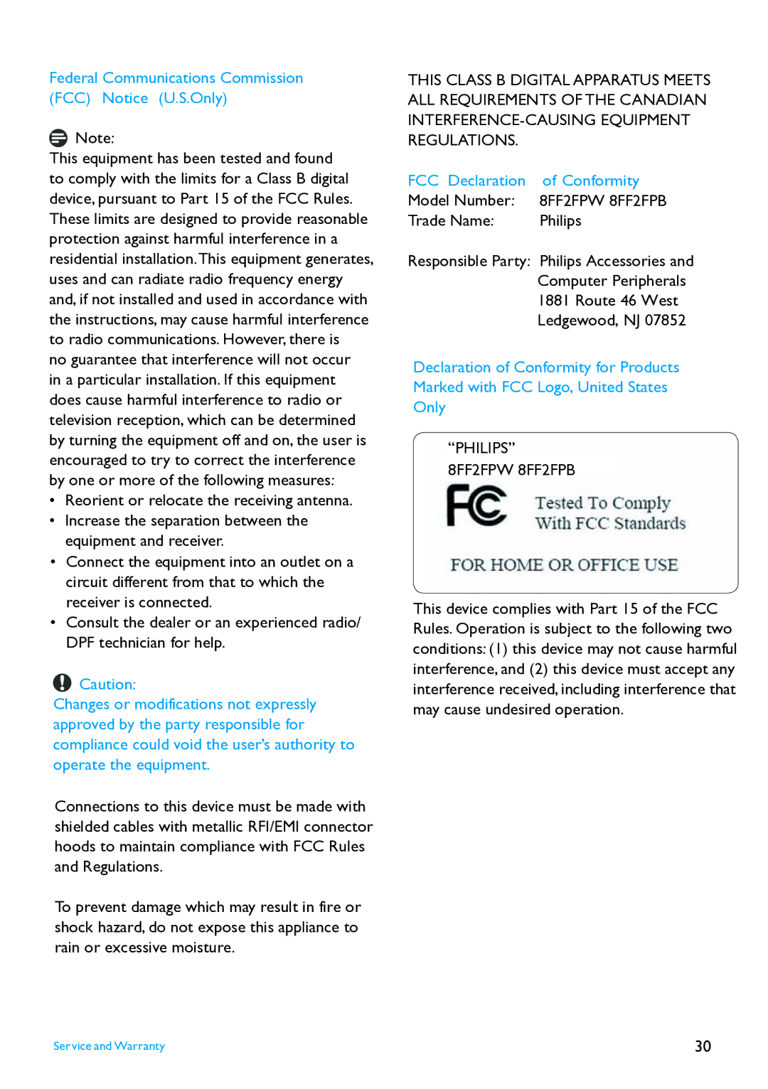 Philips 8FF2FPB user manual Federal Communications Commission FCC Notice U.S.Only, FCC Declaration Conformity 