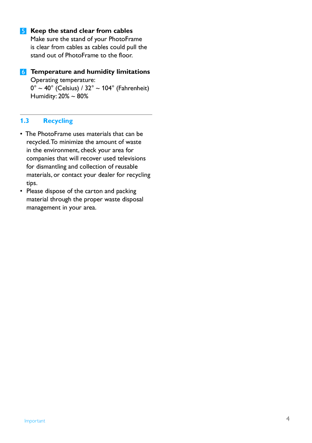 Philips 8FF2FPB user manual Temperature and humidity limitations Operating temperature, Recycling 