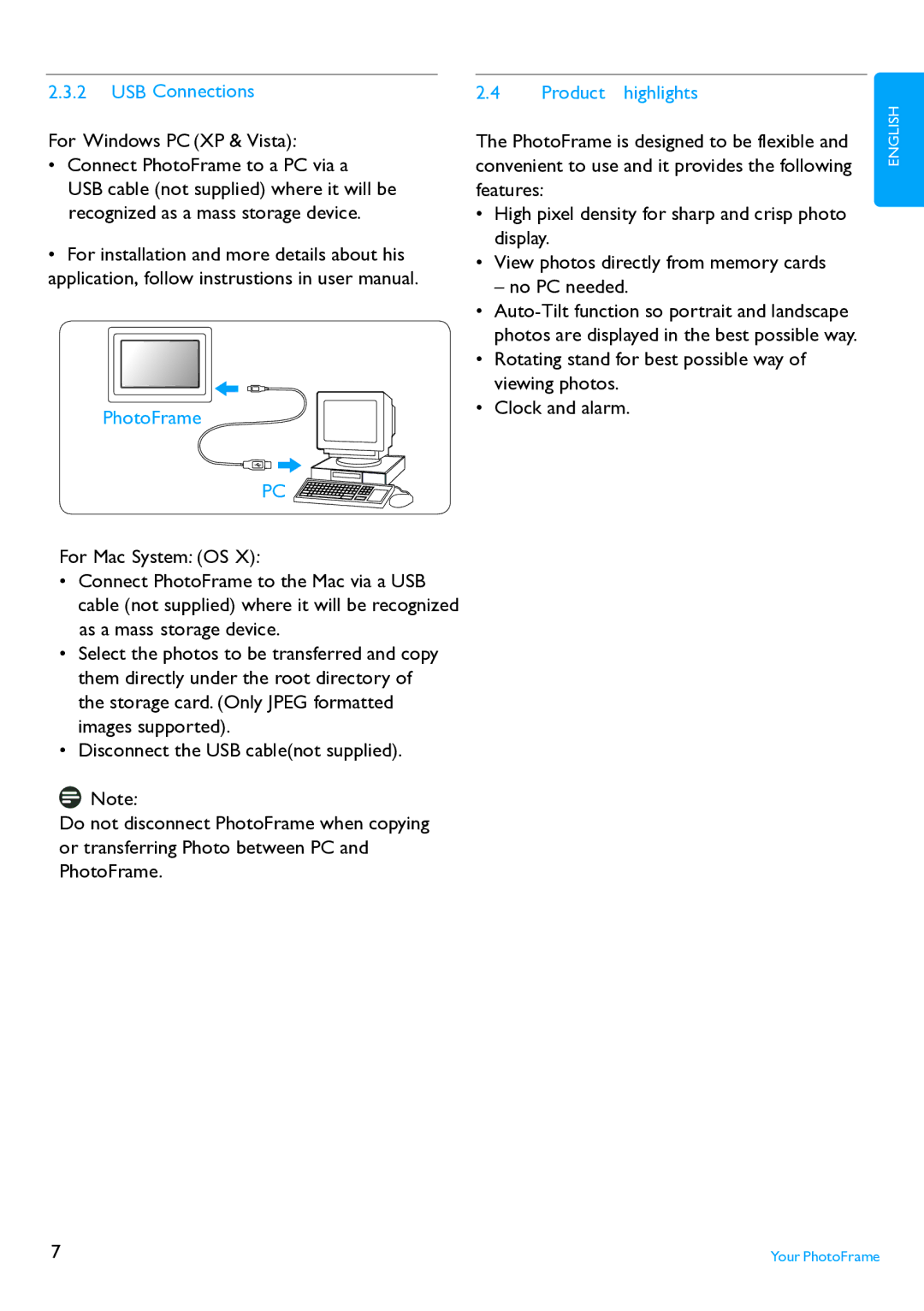 Philips 8FF2FPB user manual USB Connections, PhotoFrame, Product highlights 