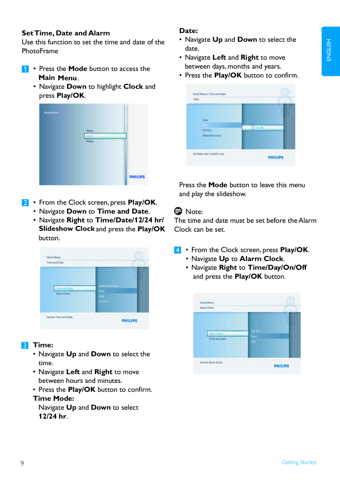 Philips 8FF2FPB user manual Set Time, Date and Alarm, Time Mode 