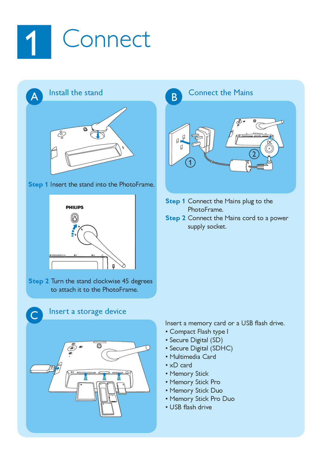 Philips 10FF3CME, 8FF3CME, 8FF3CDW, 10FF3CDW, 10FF3CMI Install the stand, Insert a storage device Connect the Mains 