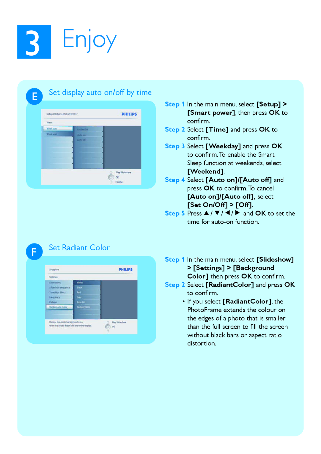 Philips 10FF3CME, 8FF3CME, 8FF3CDW, 10FF3CDW, 10FF3CMI quick start Set display auto on/off by time, Set Radiant Color 