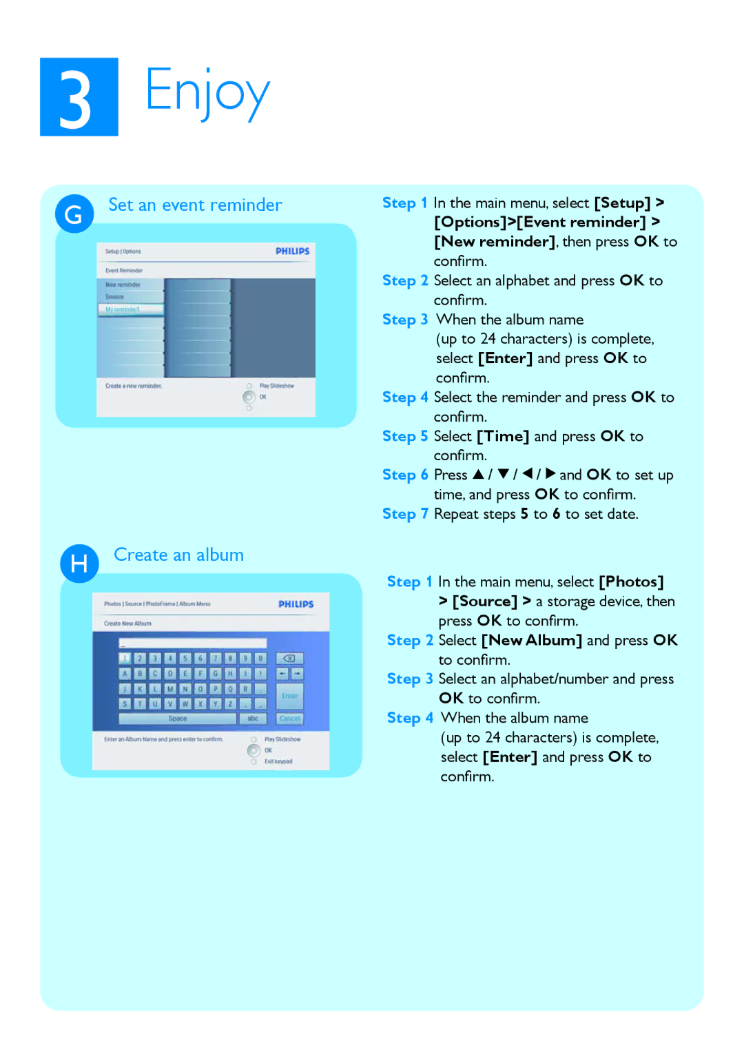 Philips 10FF3CMI, 8FF3CME, 8FF3CDW, 10FF3CDW, 10FF3CME quick start Set an event reminder Create an album 